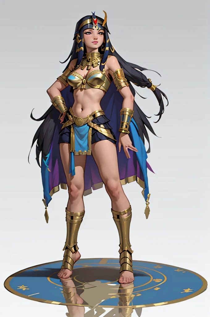 ((Full body photo,standing, feet on the ground)),  1girll、Cleopatra、Ancient Egyptian costumes、solo，full bodyesbian，standing on your feet，European and American cartoon design，white backgrounid，Magical fantasy design，character concept design，tmasterpiece，best qualtiy，Best resolution，high definition detail