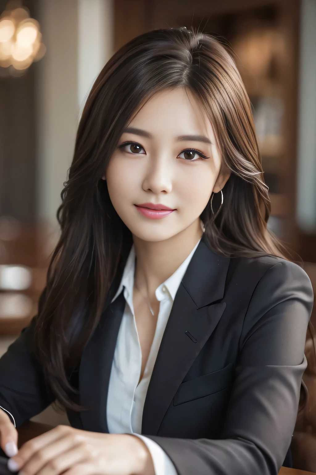 table top, highest quality, realistic, Super detailed, finely, High resolution, 8k wallpaper, 1 beautiful woman,, light brown messy hair, wearing a business suit, sharp focus, perfect dynamic composition, beautiful and detailed eyes, thin hair, Detailed realistic skin texture, smile, close-up portrait, model body shape
