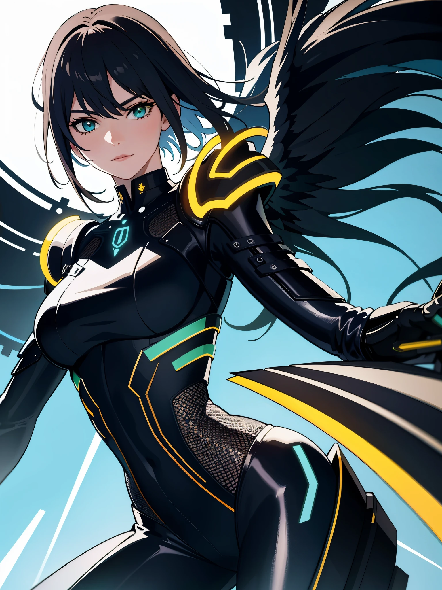 (realista:1.3), (original:1.2), Obra maestra, Mejor calidad, una mujer hermosa, Cabello ondulado largo, black futuristic mechanical armor, neon halo, mechanical wings, cuerpo perfecto y delgado, pechos grandes, rascacielos en la azotea, realism, detalles elaborados, Tarde noche, ciberpunk, Acentos dorados