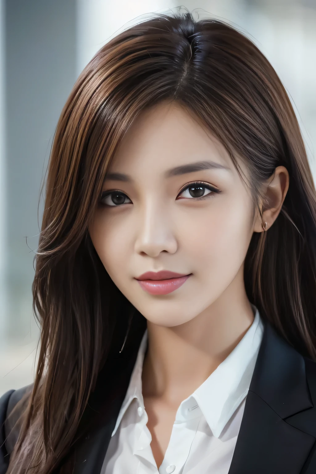 table top, highest quality, realistic, Super detailed, finely, High resolution, 8k wallpaper, 1 beautiful woman,, light brown messy hair, wearing a business suit, sharp focus, perfect dynamic composition, beautiful and detailed eyes, thin hair, Detailed realistic skin texture, smile, close-up portrait, model body shape