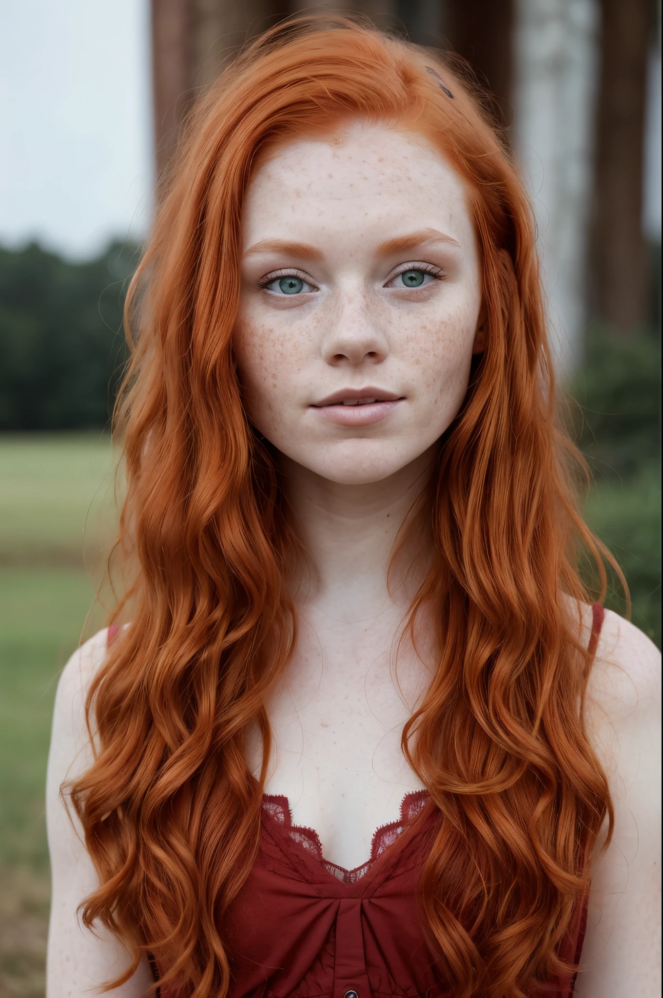 there is a young girl with red hair posing for a picture, a portrait inspired by Louisa Matthíasdóttir, pexels contest winner, renaissance, red haired young woman, woman with red hair, a redheaded young woman, redhead woman, red hair and attractive features, ginger hair with freckles, red hair and freckles, flowing ginger hair, red haired girl, green eyes, detailed hair, detailed eyes,