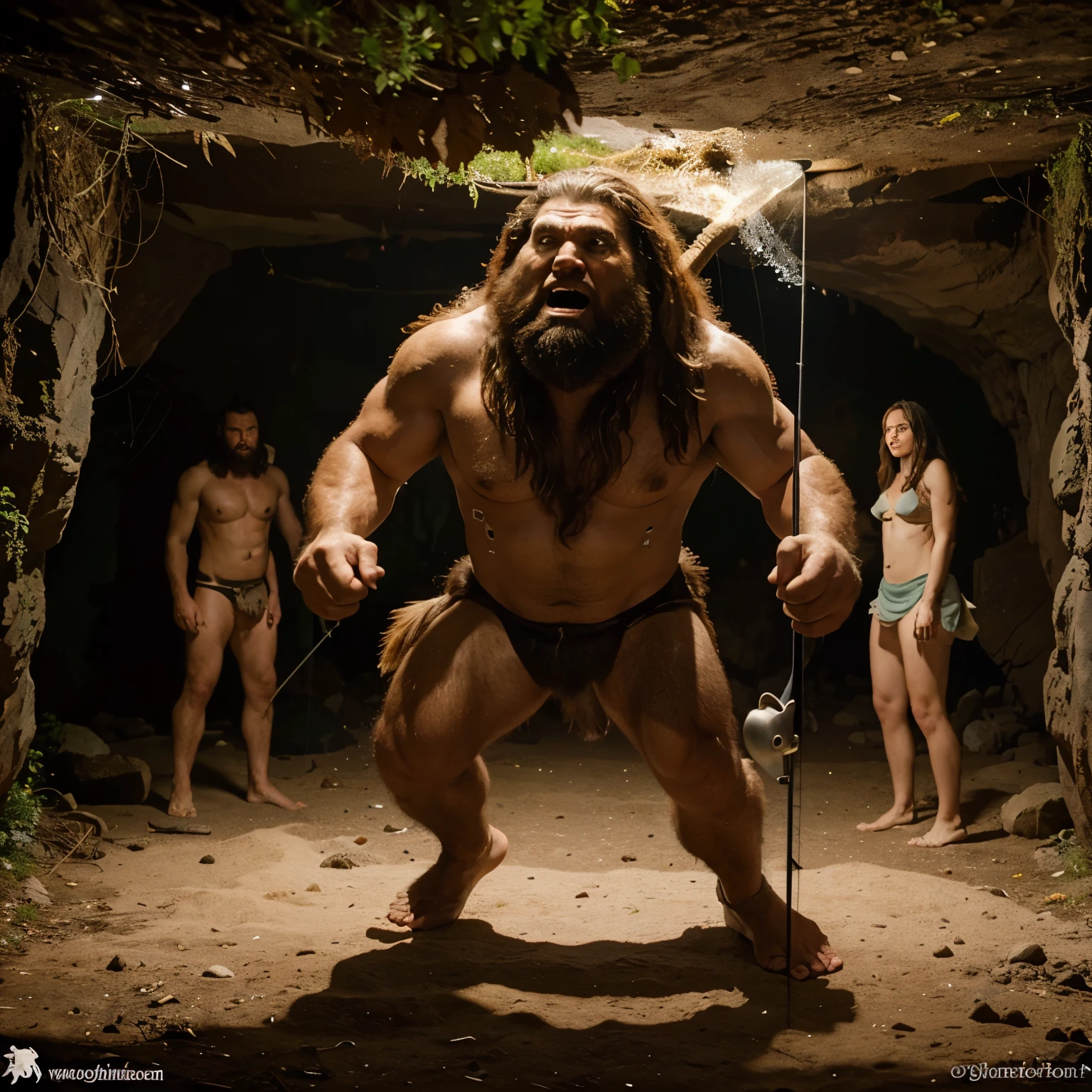 cartoon caveman with a fishing rod in one hand and a fish in the other hand is cowering in fear, vestindo roupas de homem das cavernas, wearing barbarian caveman pelt, Sasquatch irritado, idade da Pedra, pessoas neandertais, um personagem baseado em um haggis, pose de raiva assustadora, next to the dinosaur are the cavemen, prehistoric caveman family