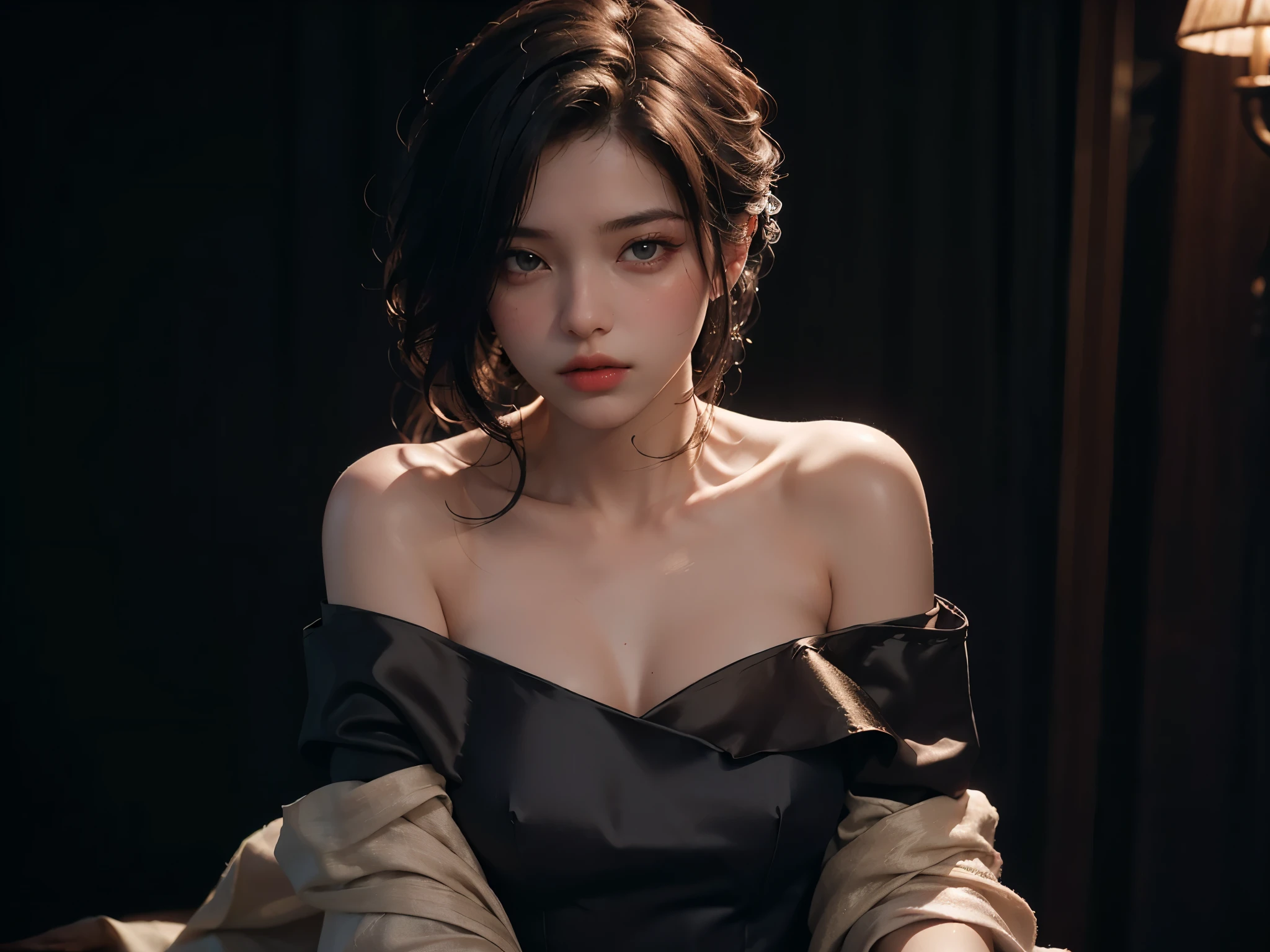 A woman in a black dress sitting on a bed with a lamp - SeaArt AI