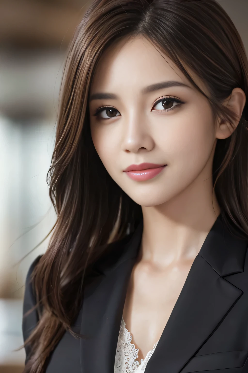 table top, highest quality, realistic, Super detailed, finely, High resolution, 8k wallpaper, 1 beautiful woman,, light brown messy hair, wearing a business suit, sharp focus, perfect dynamic composition, beautiful and detailed eyes, thin hair, Detailed realistic skin texture, smile, close-up portrait, model body shape