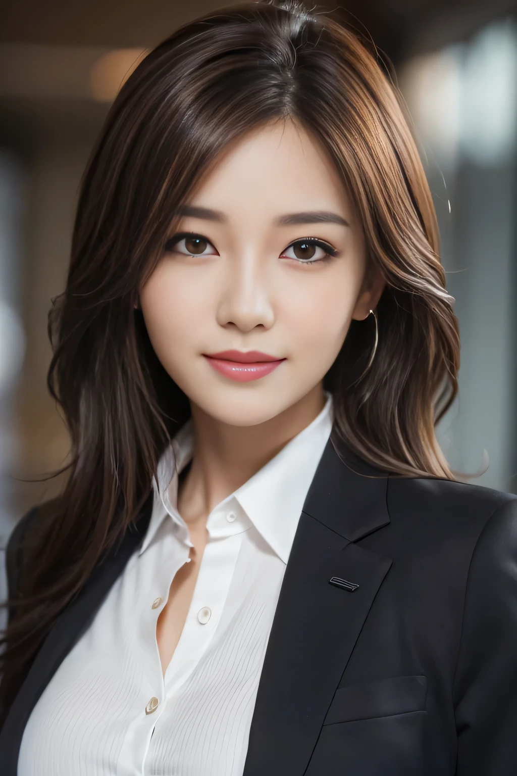 table top, highest quality, realistic, Super detailed, finely, High resolution, 8k wallpaper, 1 beautiful woman,, light brown messy hair, wearing a business suit, sharp focus, perfect dynamic composition, beautiful and detailed eyes, thin hair, Detailed realistic skin texture, smile, close-up portrait, model body shape