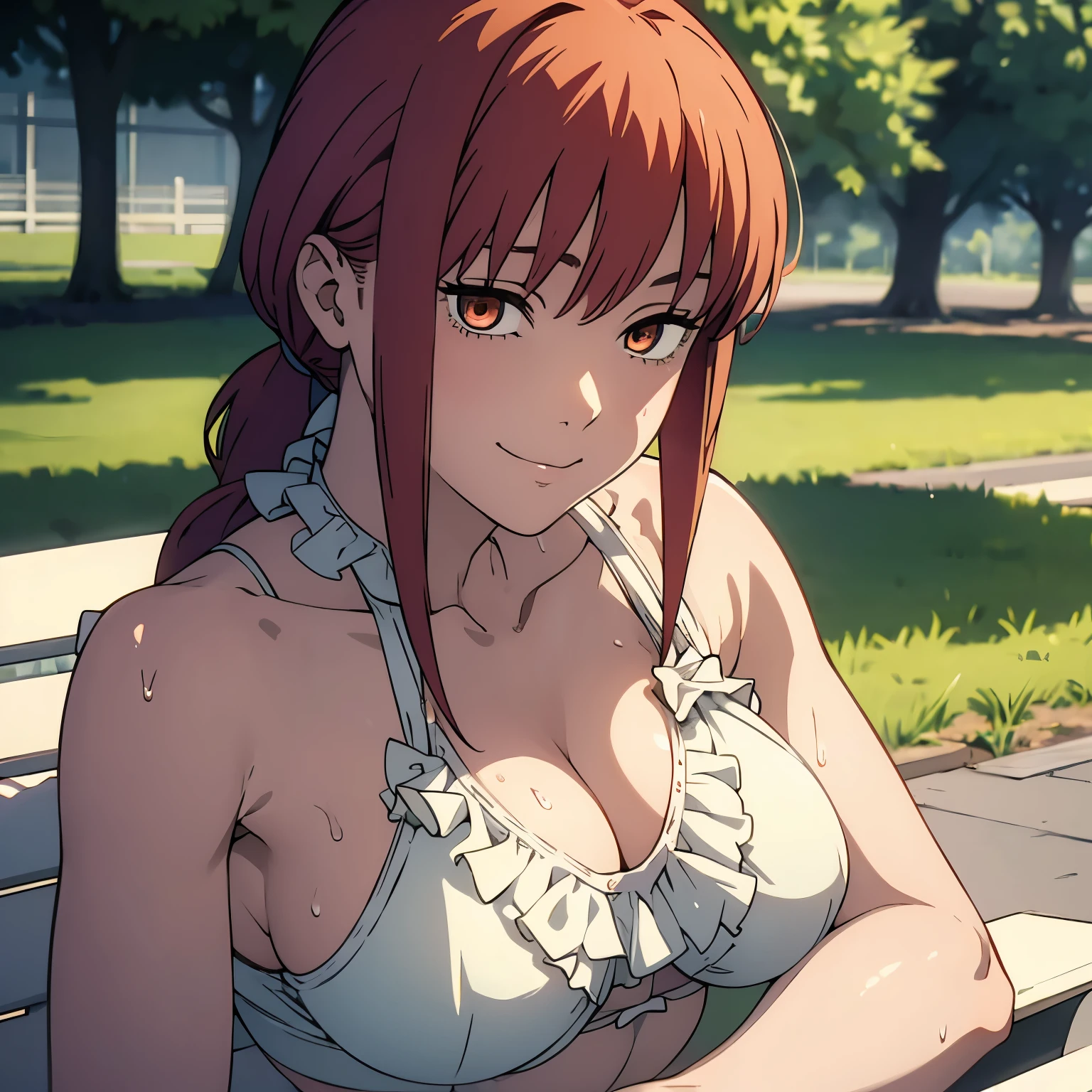 (masterpiece, best quality, high resolution, animescreencap, anime colored,), (perfect anatomy, beautiful detailed eyes, beautiful detailed body, beautiful breast, shiny skin), 1girl, red hair, side bangs, ponytail, ((ponytail)) , medium breasts, smiling,orange eyes, ringed eyes,armpits, looking at viewer, ((frilled white bikini)), ((wet skin)),((sitting on a bench)), ((outdoors)), ((sweaty body)), ((perfectly detailed hands))