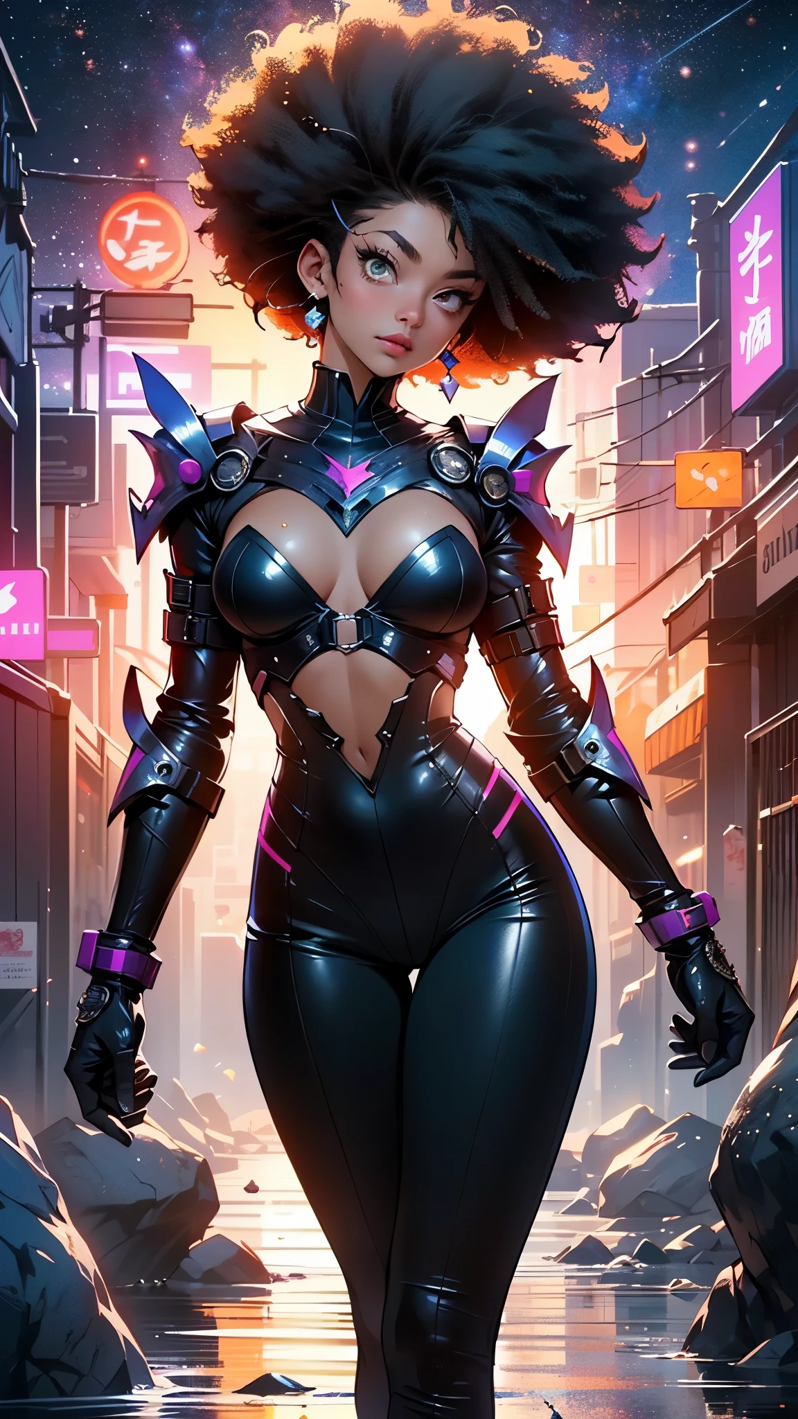 girl spacepunk,(((1girl))),((cute and beautiful afro haired girl)),((((black race)))),

(large breasts:1.4),saggy breasts,((((black afro hair:1.35,((afro hair:1.35)),afrohair,afro:1.35,dark hair,black hair,)))),medium hair,((heterochromia:1.5, (yellow_eye and red_eye))),intricate eyes,beautiful detailed eyes,symmetrical eyes,((fat)),((((tan,dark skin,black skin:1.35,dark-skinned_female,dark skin:1.3,ebony skin,lustrous skin:1.5,bright skin: 1.5,shiny skin,very shiny skin,shiny body,illuminated skin,wet legs)))),(spider lower abdomen,narrow waist,wide hip,athletic body,inflated legs, thick thighs),((detailed face)),

cute,slutty,sensual,seductive look,seductive,erotic,enchanting,((nsfw)),

zettai ryouiki,revealing clothing,show skin,(wearing a mechanical space body armor:1.3,micro armor bikini,bare legs,an armored arm),(((wet clothes,intricate outfit,intricate clothes))),

(dynamic pose:1.0),solo focus,embarrassed,(centered,scale to fit dimensions,Rule of thirds),

cyberpunk city by the ocean at night, with bright neon signs and dark stormy clouds and puddles, scenery:1.25,nighttime, starry night, cosmos,Very dark night that makes the neon lights stand out, very bright neon lights,nighttime, starry night, cosmos,

artistic photography,(photography taken by sldr),highres, sharp focus,(ultra detailed, extremely detailed), (photorealistic artwork:1.37),(extremely detailed CG unity 8k wallpaper),((synthwave background theme)),(((vibrant colors))),intricate,(intricate background),(masterpiece),(best quality),perfect rendered face,perfect face details,realistic face,photo realistic,analog style,((intricate detail)),(((realism))),
