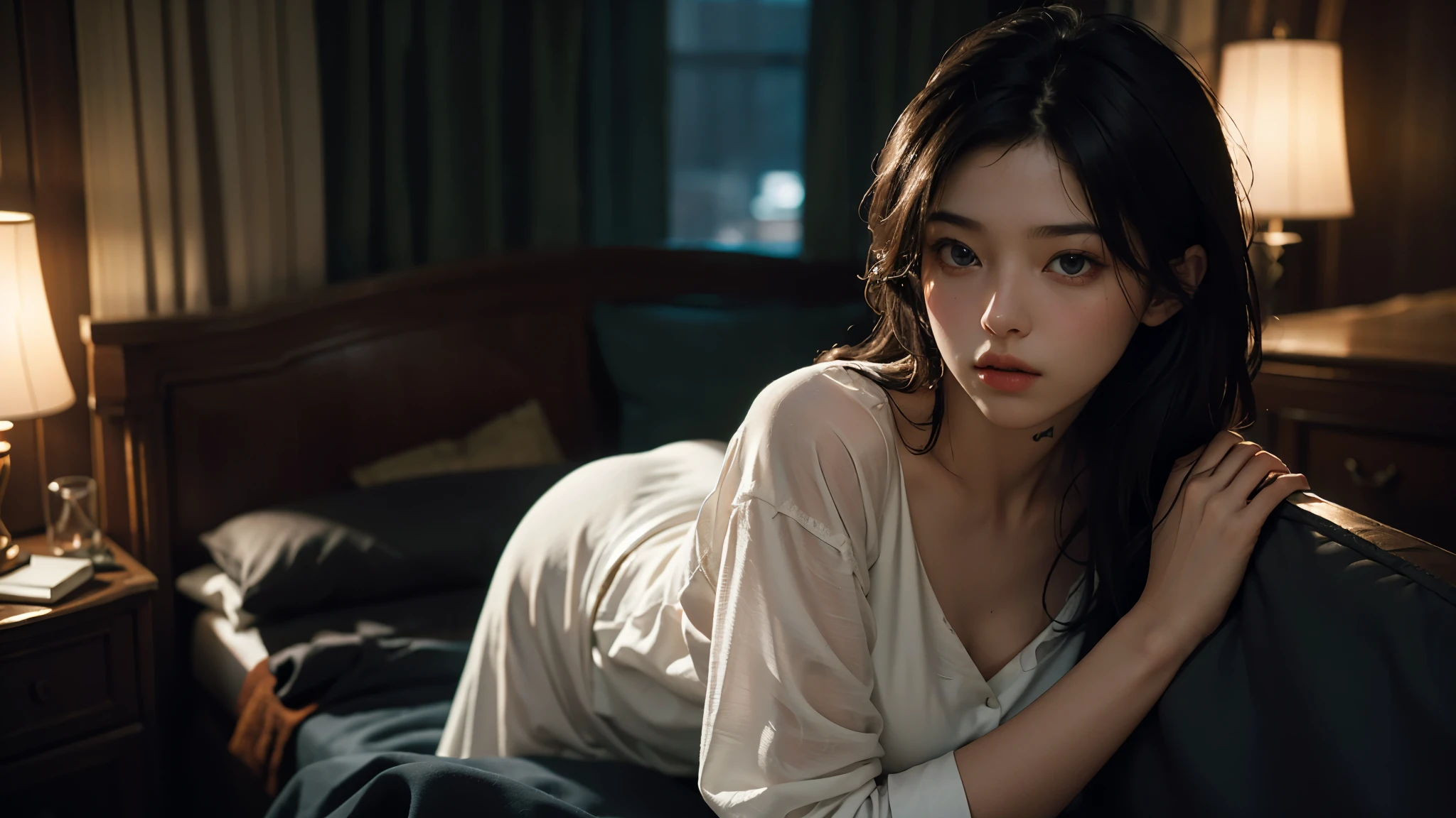 Best quality, masterpiece, ultra high res, (photorealistic:1.4), raw photo, 1girl, white night gown, cinematic lighting, half body view, half body shot