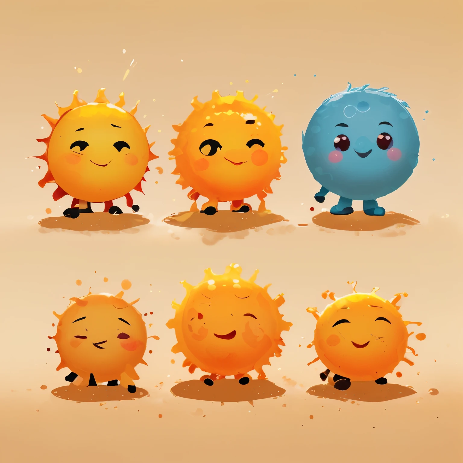 sunspots popping up on the Sun's surface, each with confused and doubt expressions, bright colors, simple, cute, full color, fantasy background, no persons in the image
