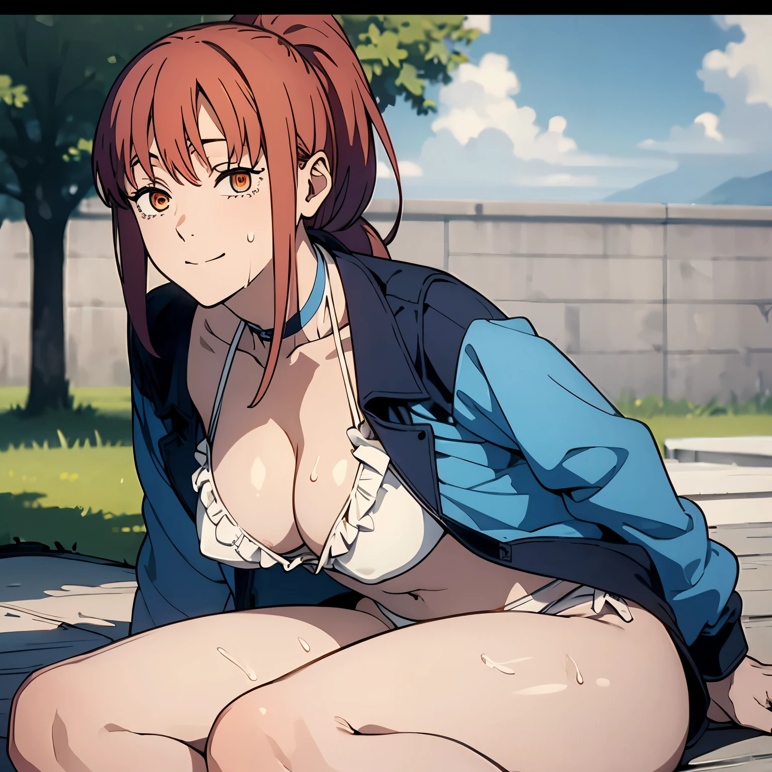 (masterpiece, best quality, high resolution, animescreencap, anime colored,), (perfect anatomy, beautiful detailed eyes, beautiful detailed body, beautiful breast, shiny skin), 1girl, red hair, side bangs, ponytail, ((ponytail)) , medium breasts, smiling,orange eyes, ringed eyes,armpits, looking at viewer, ((frilled white bikini)), ((wet skin)),((sitting on a bench)), ((outdoors)), ((sweaty body)), ((perfectly detailed hands)), ((blue jacket)), 