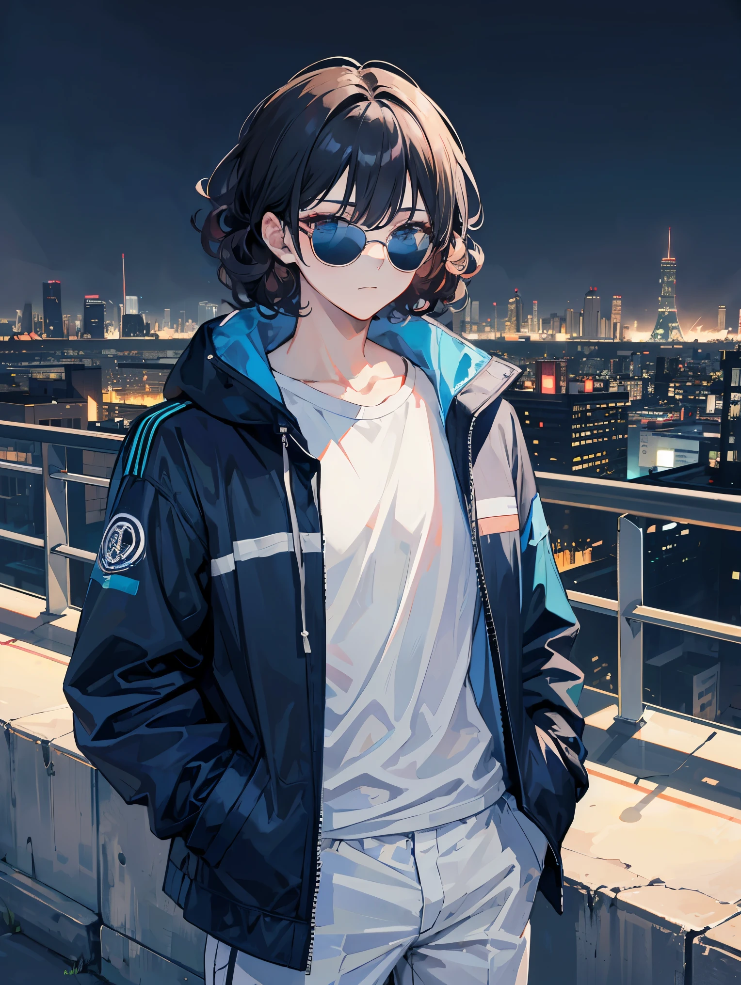 1boy, curly hair, black hair, sunglasses, light blue jacket, white shirt, grey pants, night, neon, cityscape, skyline