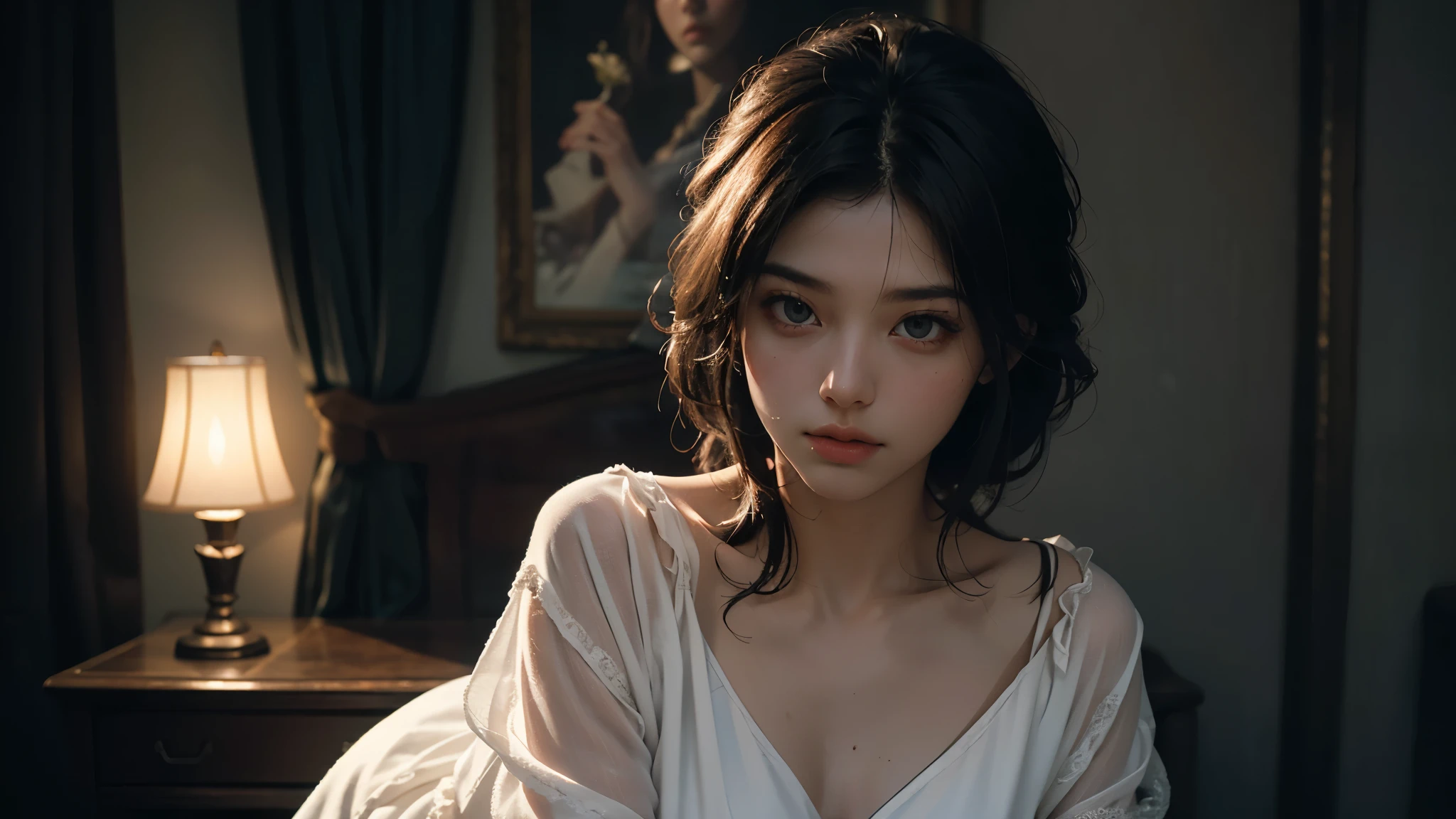 Best quality, masterpiece, ultra high res, (photorealistic:1.4), raw photo, 1girl, white night gown, cinematic lighting, half body view, half body shot