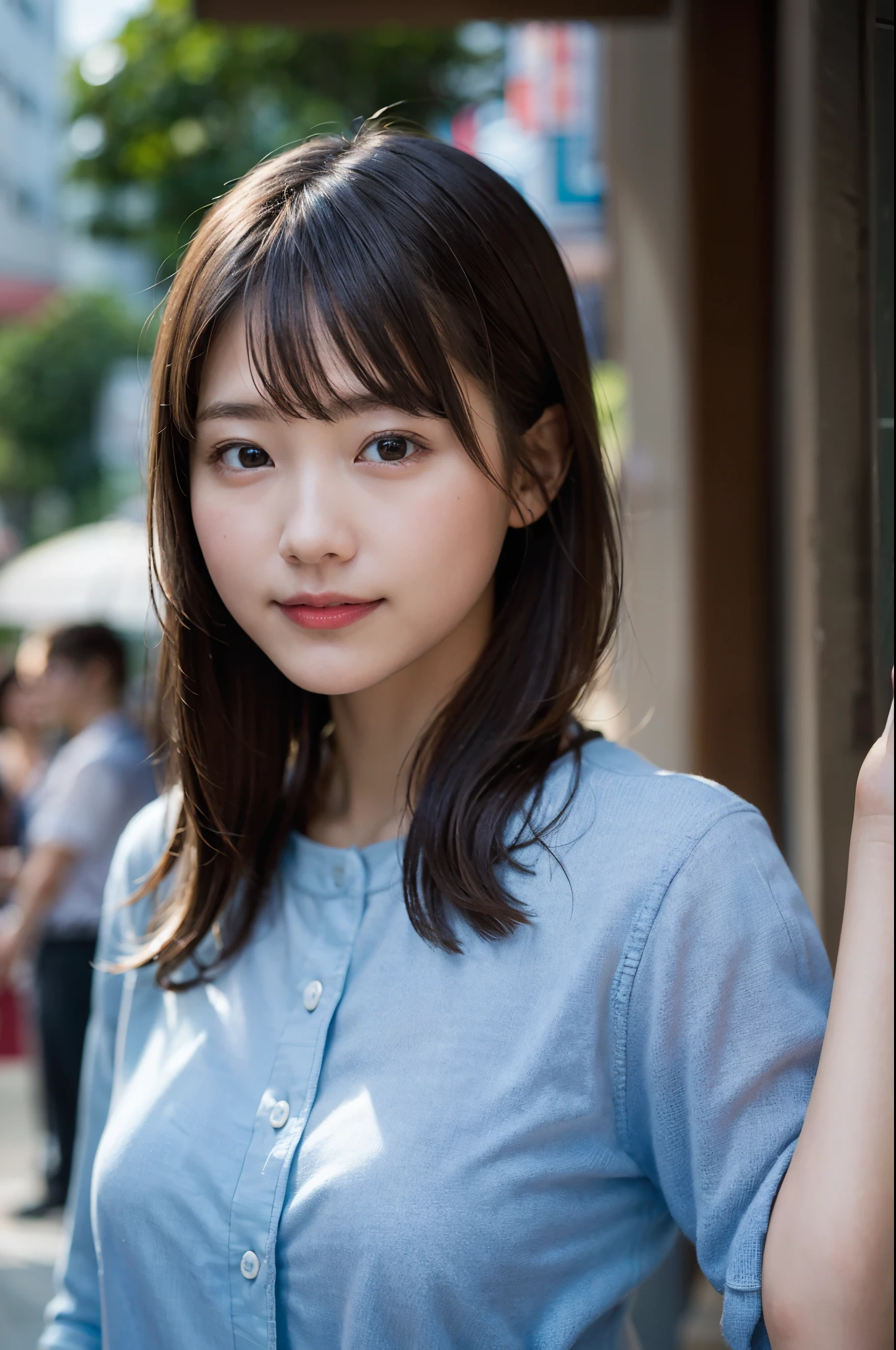 (8k、Raw photo、highest quality、masterpiece:1.2)、(realistic、Photoreal:1.37)、super detailed、超A high resolution、1 girl、see the beholder、beautiful and detailed face、big smile、narrow、(slim waist) :1.3)、shirt、Fine and beautiful skin、skin texture、short hair、、professional lighting、