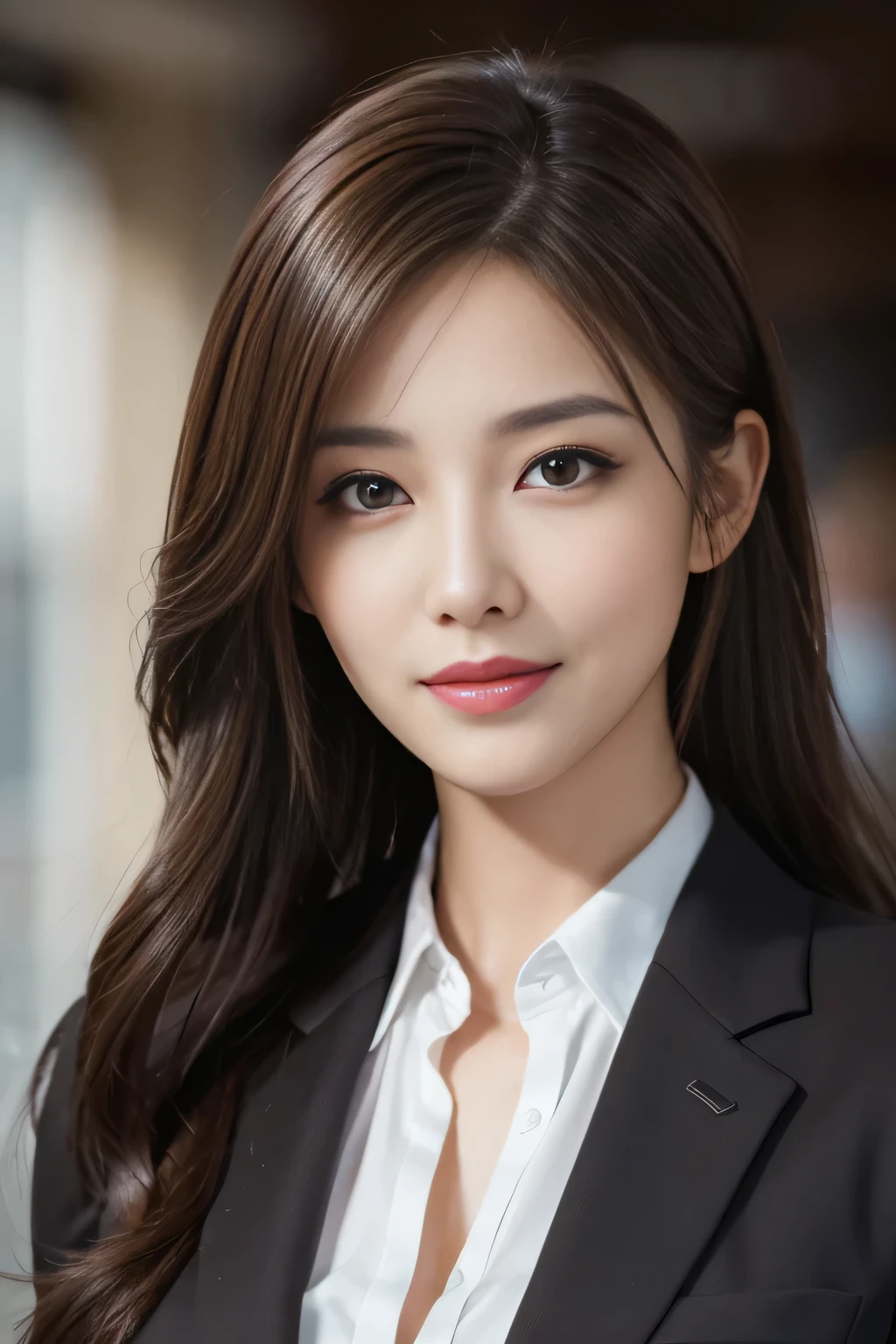 table top, highest quality, realistic, Super detailed, finely, High resolution, 8k wallpaper, 1 beautiful woman,, light brown messy hair, wearing a business suit, sharp focus, perfect dynamic composition, beautiful and detailed eyes, thin hair, Detailed realistic skin texture, smile, close-up portrait, model body shape