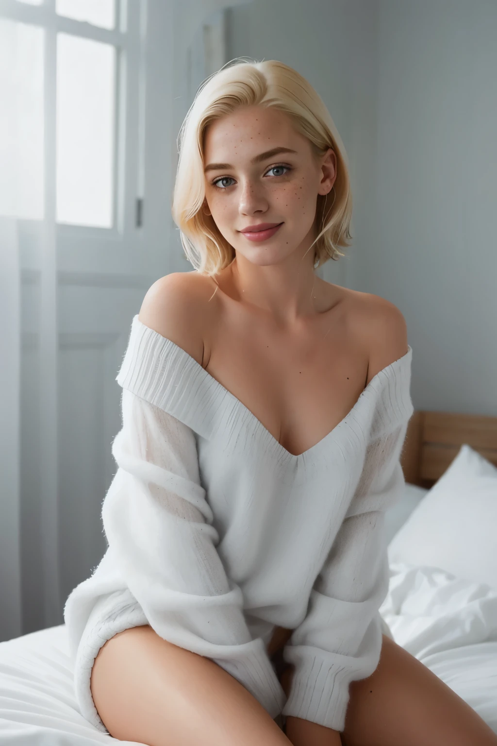 mulher, americana, 25 anos, pale skin and freckles, olhos cinzas, nariz delicado, soft and delicate lips, Cabelo blondie cinza longo e ondulados, sorriso meigo