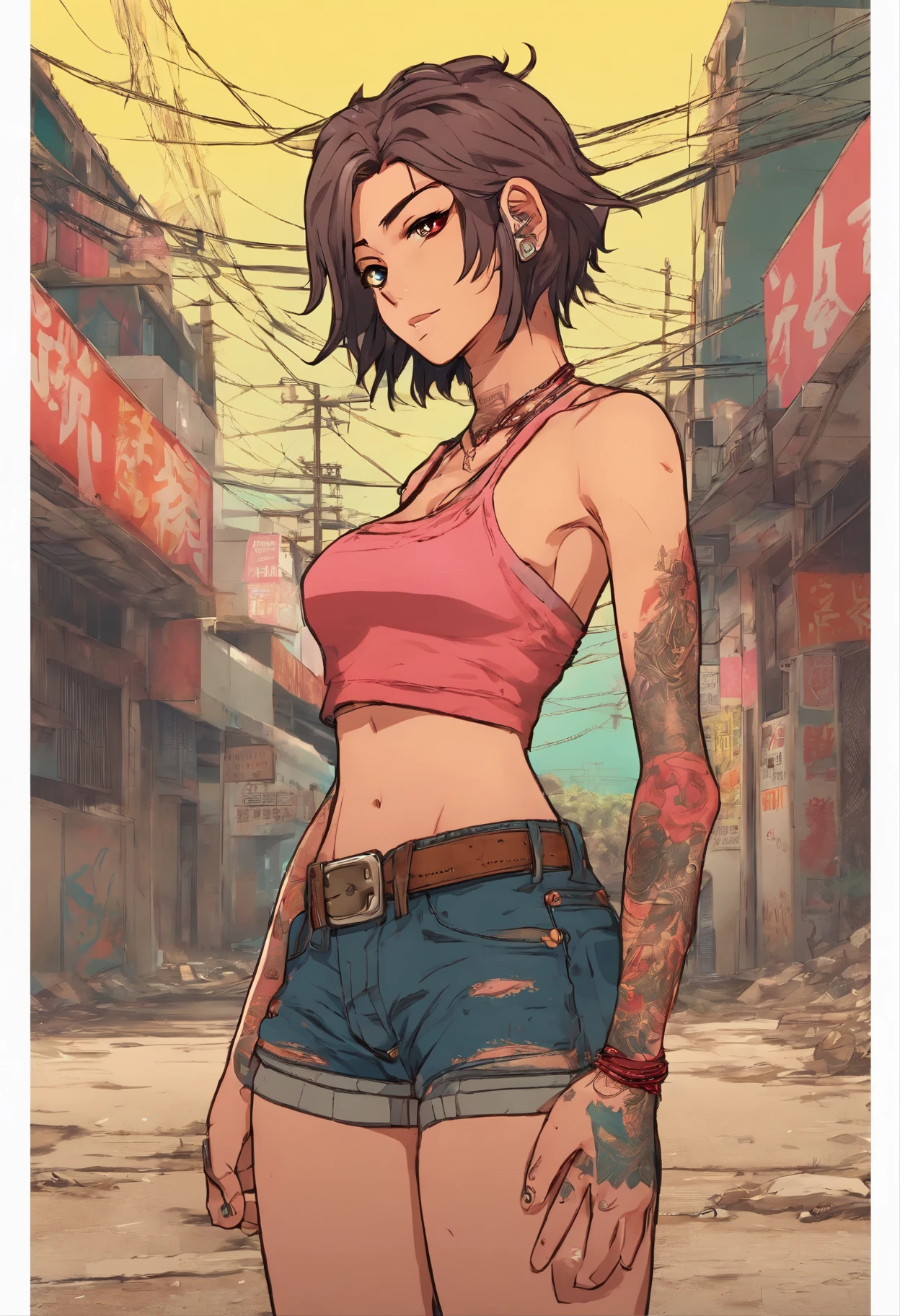 Anime illustration of a young supermodel with a toned physique, In a spicy punk crop top, Low Rise Pants, Messy Short Hair, Demonstration of various intricate tattoos, confidently standing in the middle of an abandoned street in Chiba. . Anime style, Key Visual, Vibrants, Studio anime, Highly detailed