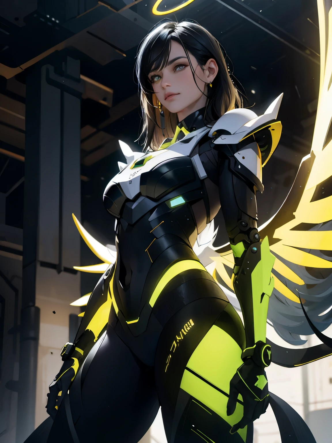 (realista:1.3), (original:1.2), Obra maestra, Mejor calidad, una mujer hermosa, Cabello ondulado largo, black futuristic mechanical armor, neon halo, mechanical wings, cuerpo perfecto y delgado, pechos grandes, rascacielos en la azotea, realism, detalles elaborados, Tarde noche, ciberpunk, Acentos dorados