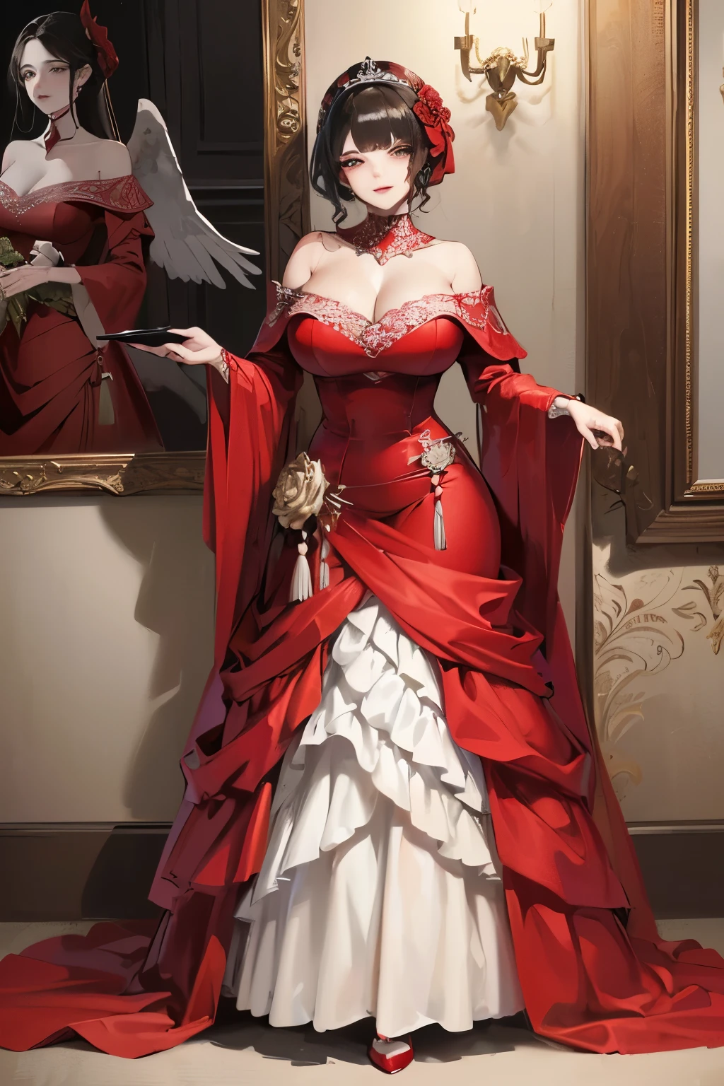 A mature woman, (draped in a plus-size red and black bridal gown with a high collar, ample bust, full skirt, and highly detailed fabric, full-body photo, only her face visible, bare skin concealed, wearing high heels), clutches a cup of blood in one hand, (her detailed red wings of an angel spread behind her, her expressive and detailed vermilion eyes brimming with emotion). Dressed elegantly, (with a labored expression, her labial corners stained with blood, her detailed lips forming a pained yet captivating smile).