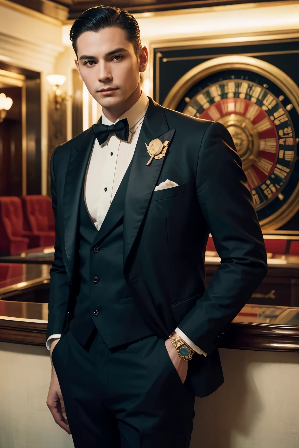 Elegant Shanghai gentleman, vintage luxury, opulent casino backdrop, retro fashion, sophisticated lifestyle, historical ambiance, cultural sophistication, premium quality image, detailed textures, cinematic portrait --ar 16:9 --style raw --stylize 250