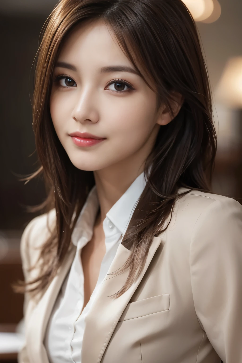 table top, highest quality, realistic, Super detailed, finely, High resolution, 8k wallpaper, 1 beautiful woman,, light brown messy hair, wearing a business suit, sharp focus, perfect dynamic composition, beautiful and detailed eyes, thin hair, Detailed realistic skin texture, smile, close-up portrait, model body shape