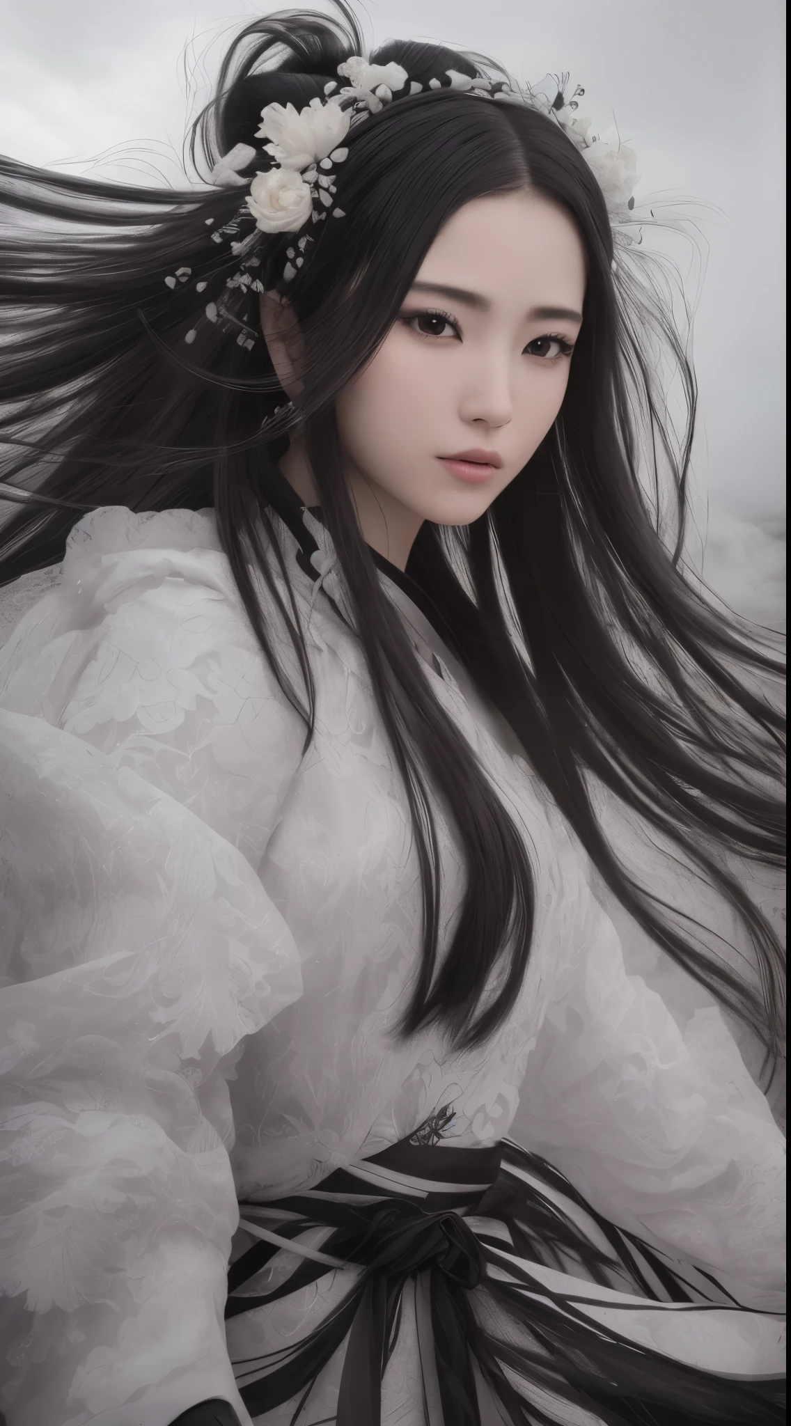 (Best quality,4K,high resolution,Masterpiece:1.2), Ultra-detailed, Photorealistic, Black and white hanfu with black embroidery, Elegant white ponytail, long and flowing hair, White mask, The mask flutters in the wind, Fringed Hair Ornament, Peony flower, Ancient wind, oversized sleeves, Dynamic posing, Dramatic composition, Falling petals, red waistband, intricate background, Ancient architecture, A thin mist and thick clouds, Swirling clouds, Cinematic lighting, Complex feather background.