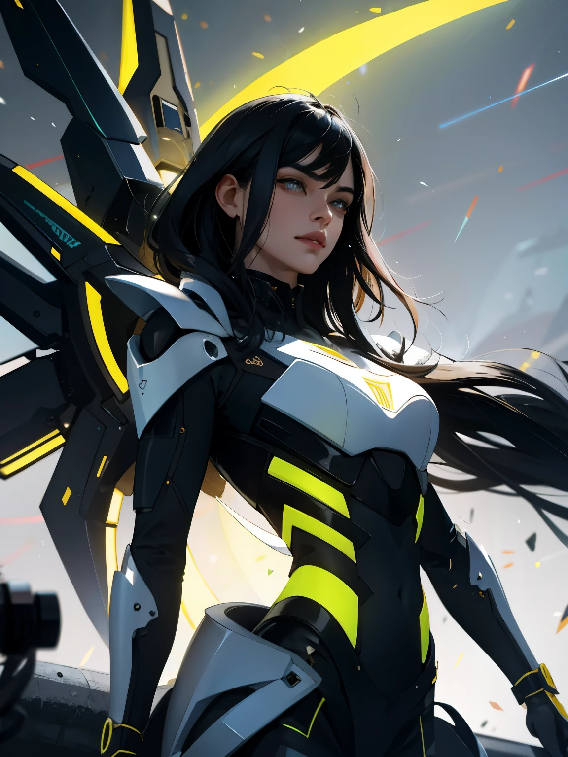 ((Best quality)), ((masterpiece)), (detailed: 1.4), (Absurd), Fighter pilot indigenous woman from Brazil ready for war, dark skin, with a feather on her head, ornaments typical of the natives of Brazil, defined muscular sculptural body, half thick naked thighs, closed mouth, muscular body covered by technological clothing, Neon Genesis Evangelion style, cyberpunk, generous neckline, ((perfect medium breasts)), (brown eyes without pupils), ((dark green, yellow, blue and white clothing)), (((black hair fulfilled super straight and drained with heavy bangs over the forehead)))), band tied on the arm, long eyelashes heavy makeup, garter belt, by mucha, niji --V5, close to real, psychopath, crazy face, sexy pose, background with a giant Gundam-style Robot head, 2 piece clothing, shoulder pads with airplane wings on the back, pastel, centered, scale to fit dimensions, HDR (High Dynamic Range),Ray Tracing,NVIDIA RTX,Super-Resolution,Unreal 5,Subsurface dispersion, PBR texture, Post-processing, Anisotropic filtering, Depth of field, Maximum clarity and sharpness, Multilayer textures, Albedo and specular maps, Surface shading, Accurate simulation of light-material interaction, Perfect Proportions, Octane Render, Two-Tone Lighting, Wide Aperture, Low ISO, White Balance, Rule of Thirds, 8K RAW, Crysisnanosuit