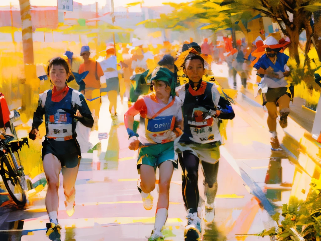 several 人们跑步 in a Marathon with a bicycle, three people run a marathon, Marathon, User photo, 🚿🗝📝, ruan jia and fenghua zhong, Run a marathon, dusty,Shine, oil paint strokes,Impressionism, Sunlight,