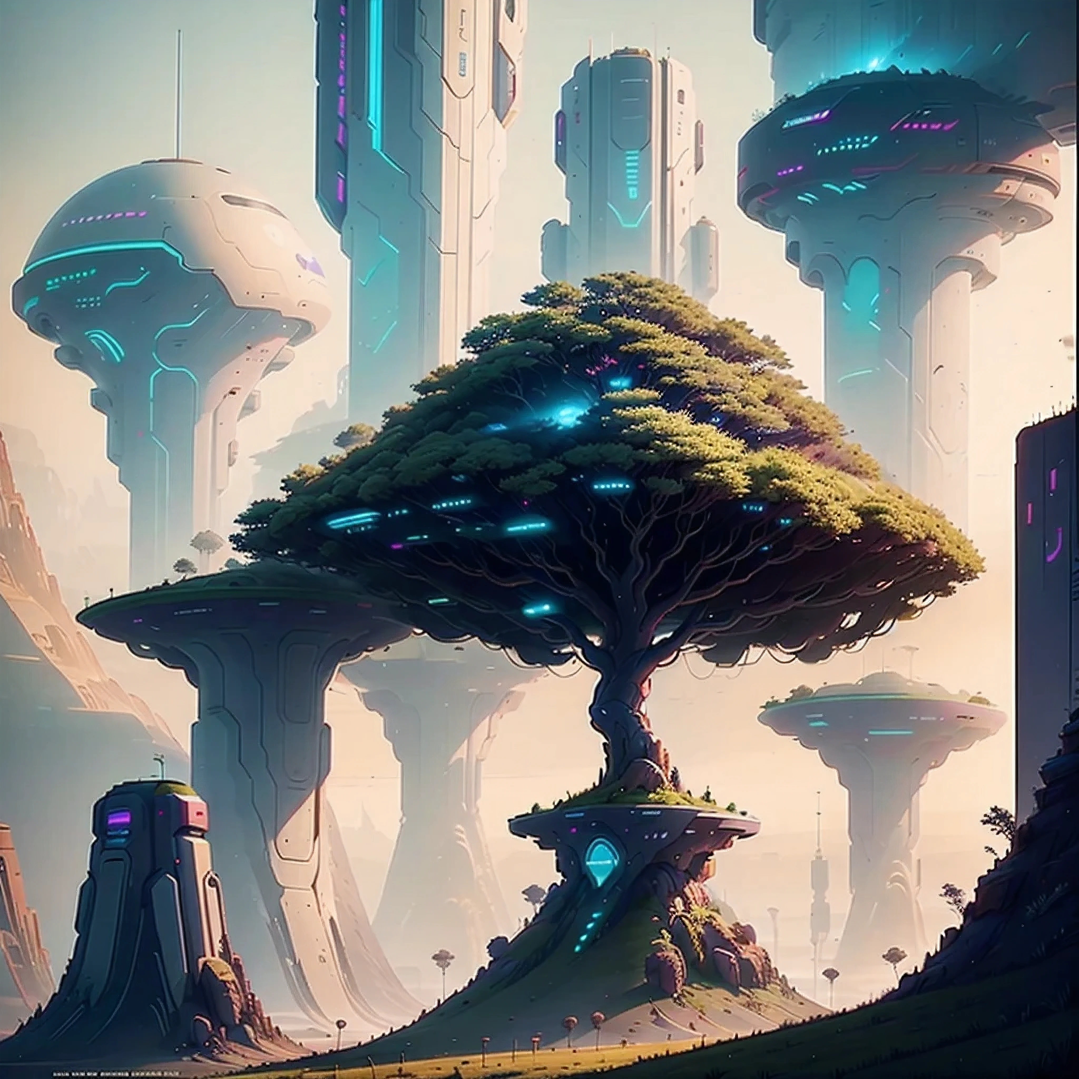 a tree of life landscape under a futuristic cyberpunk hill with strings of populationless neon laser machines in a post-apocalyptic world with robots walking, flying robots, Super detailed 4k ultra resolution