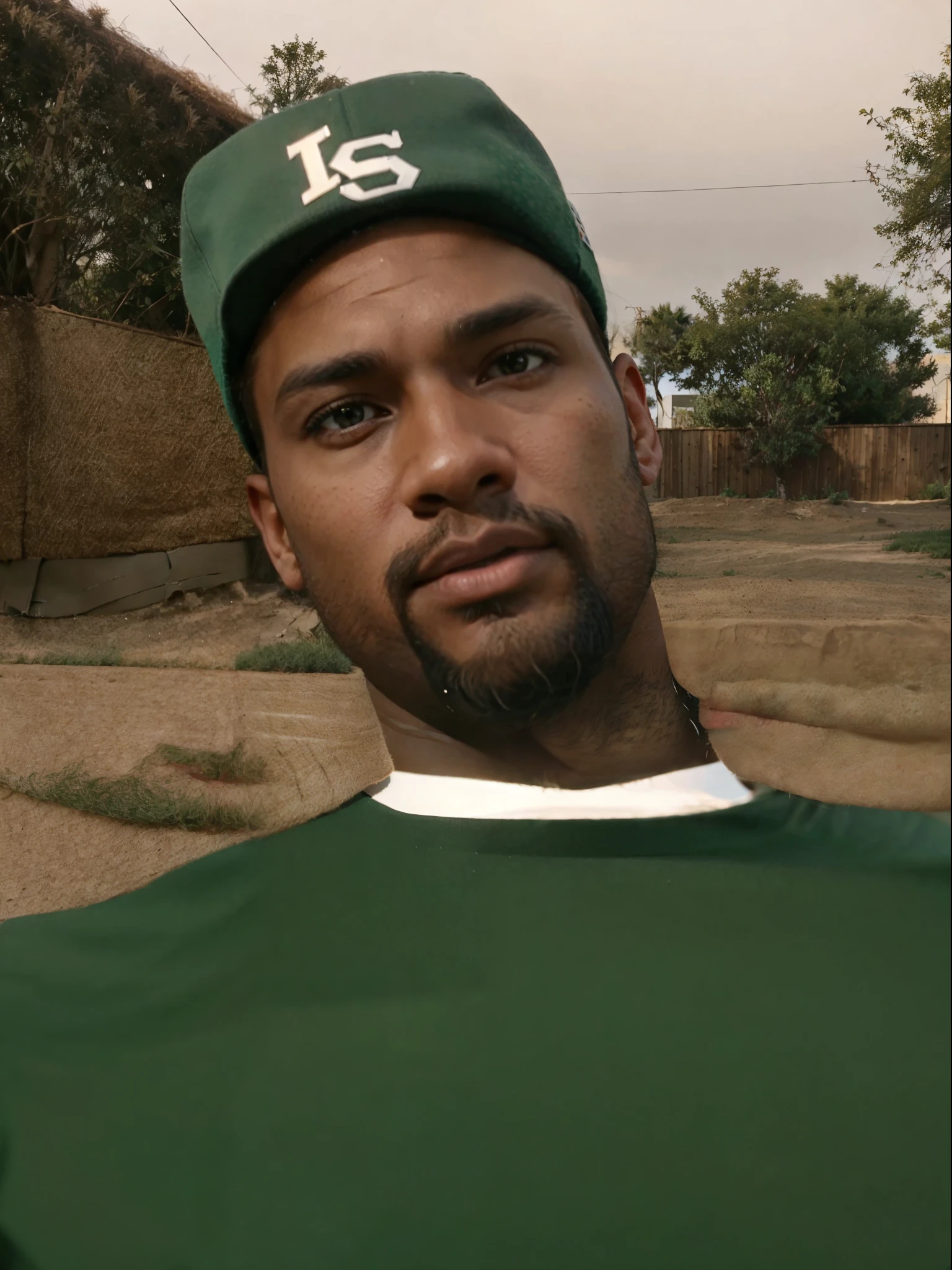 Real life adaption of this character, American man,realistic same hair,realistic same outfit,,same beard,normal neck ,realistic same hat,brown skin,realistic same background, realistic light, realistic shadow, realism, hyper realistic, (photorealistic:1.2), realistic small eyes