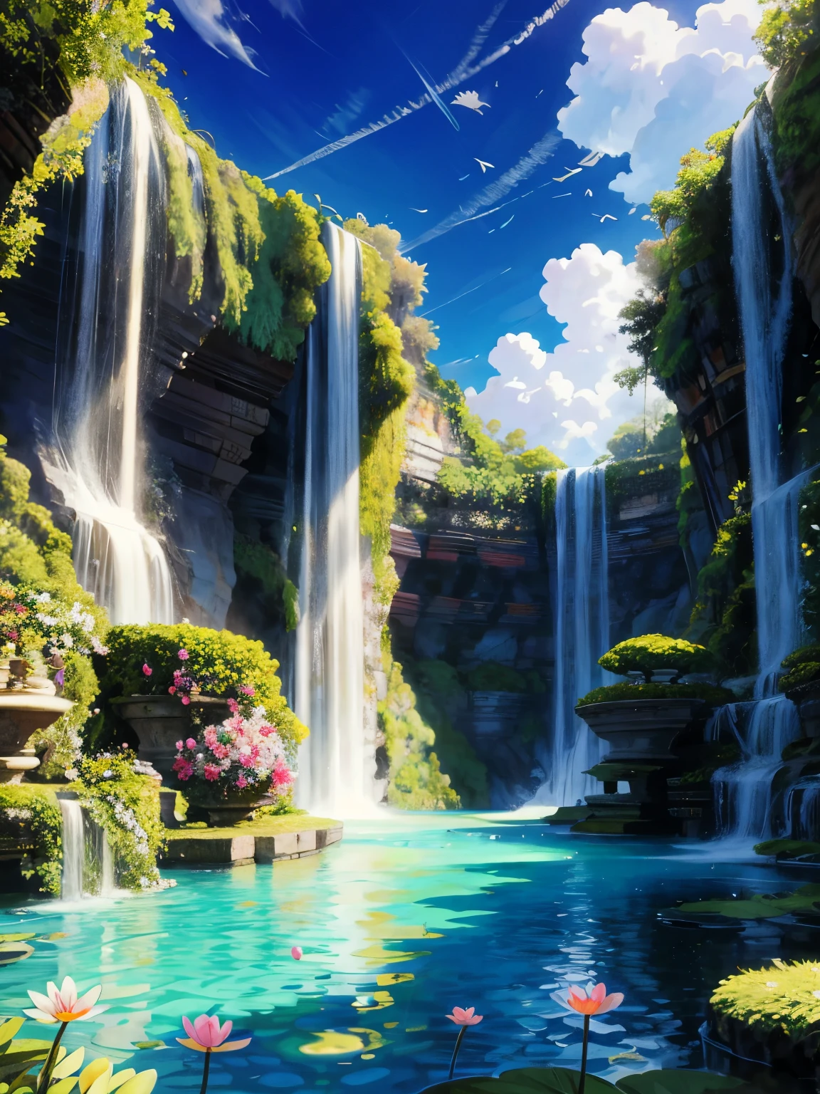 Panoramic vision, Nymphs in the paradise of the Elysées. Cascadas, nubes magnificas, extremely flowery garden,