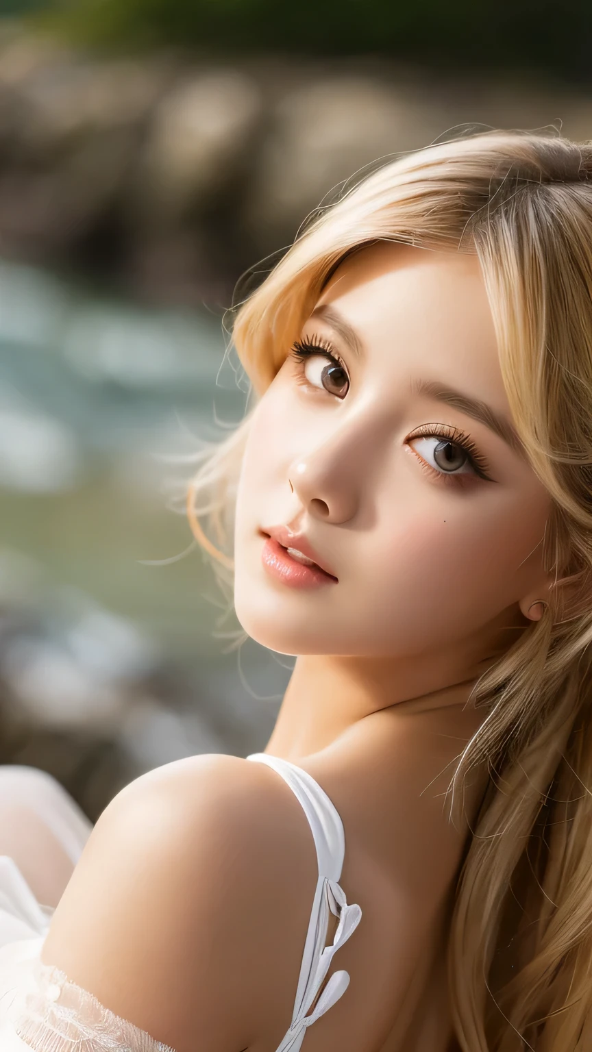 1 girl, alone, looking at the viewer, blonde long hair, Wearing a white corset, white stockings、big ass, brown eyes, Upper body, coastal rocks background, big , lips, realistic, königreuther、masterpiece, 最high quality, high quality, High resolution, (((close up of face)))