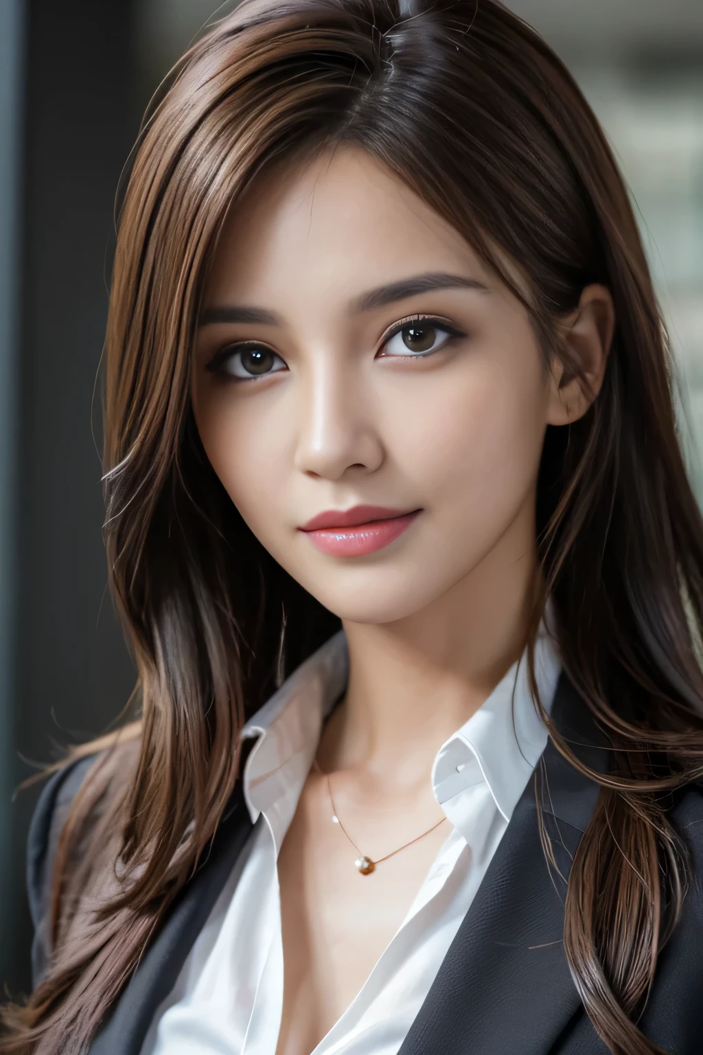 table top, highest quality, realistic, Super detailed, finely, High resolution, 8k wallpaper, 1 beautiful woman,, light brown messy hair, wearing a business suit, sharp focus, perfect dynamic composition, beautiful and detailed eyes, thin hair, Detailed realistic skin texture, smile, close-up portrait, model body shape