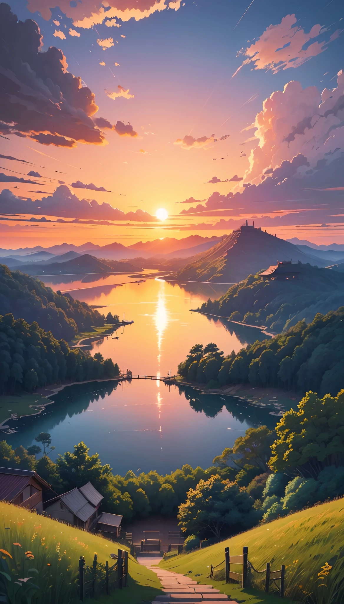 an illustration full sunset vibes coloring of a landscape painting from garden at the front gate of the hidden leaf village of konoha shippuden ancient world, with lake, forrest, hill, dramatic clouds like in anime kimi no nawa Ghibli studio, flat anime drawing art style, 8k resolution, trending on CGSociety ArtStation