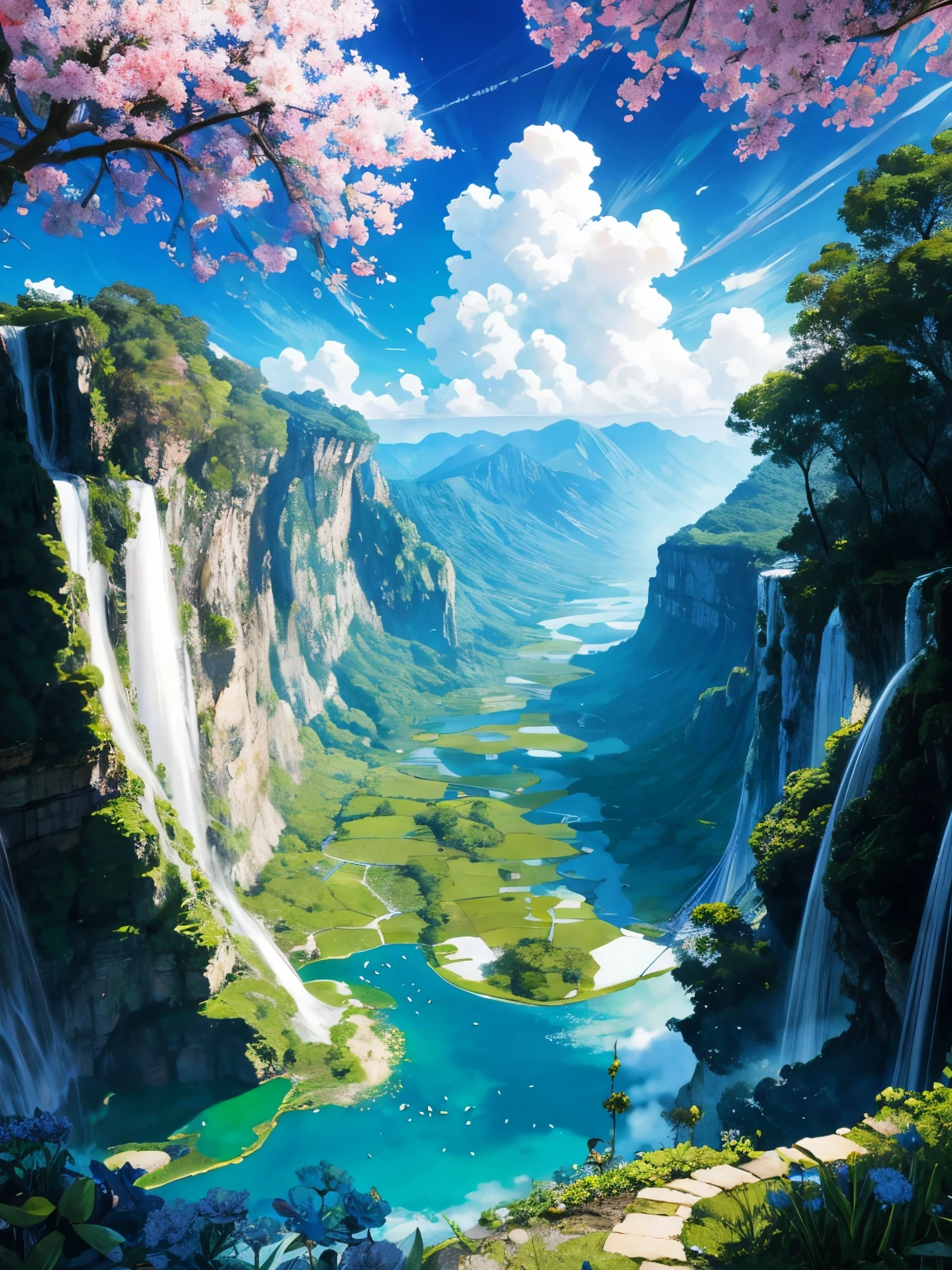 Panoramic vision, Nymphs in the paradise of the Elysées. Cascadas, nubes magnificas, extremely flowery garden,