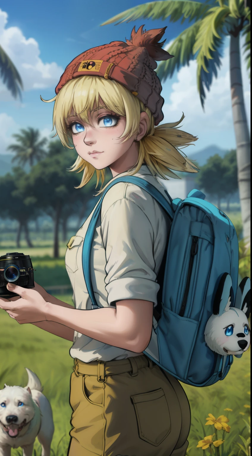 anime girl with a (((yellow backpack))) and (((four dogs in a field of coconut trees))), ((((blue eyes girl)))), (((The girl is wearing a beanie))), cute detailed digital art, adorable digital painting, ((((camera a front of character)))), artwork in the style of guweiz, realistic anime 3 d style, anime styled 3d, render of a cute 3d anime girl, made with anime painter studio, anime style. 8k, childrens art in artstation, anime visual of a cute girl,