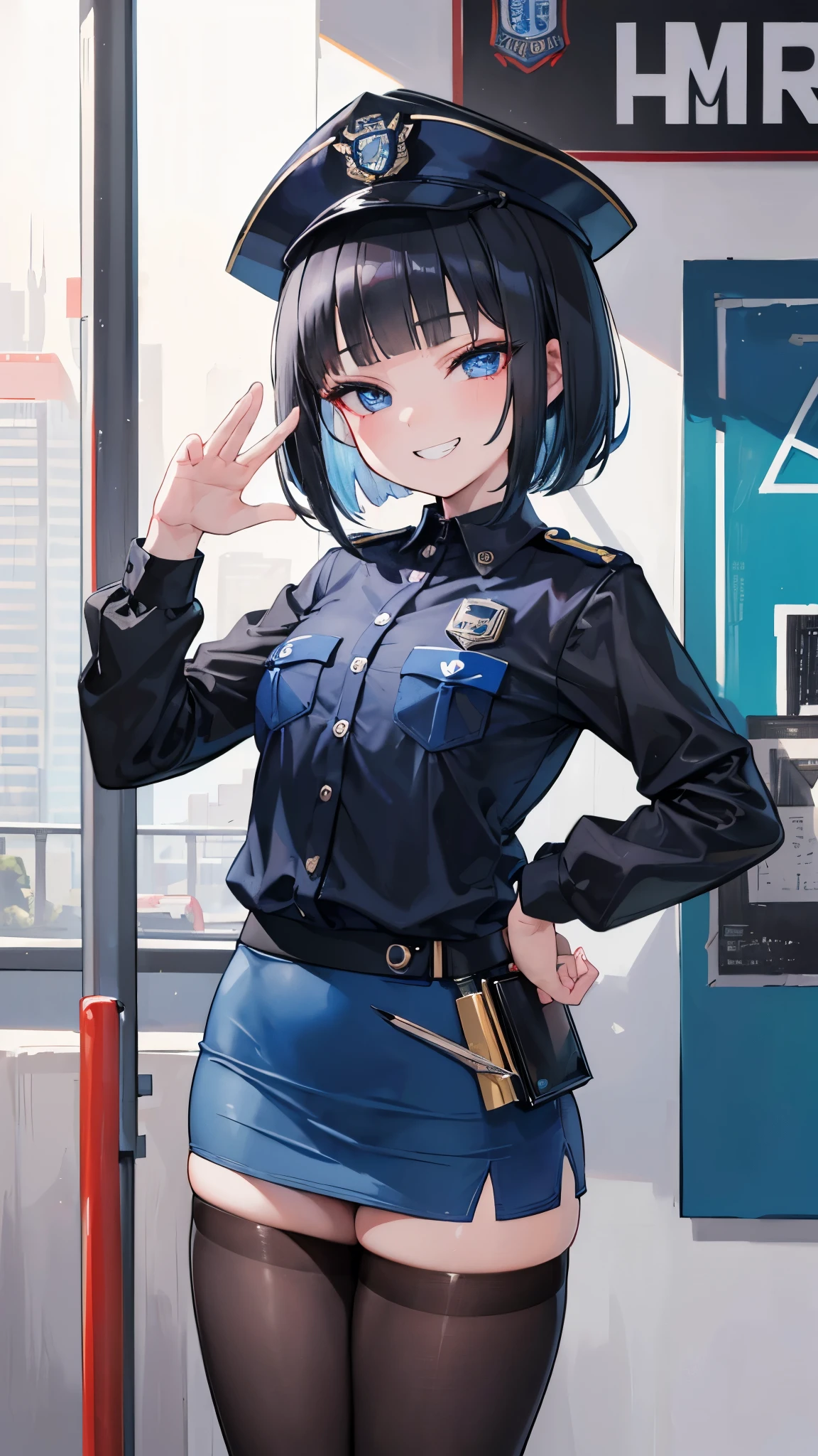 (8K、Highest image quality、highest quality、masterpiece)、detailed face、((one ))、black hair、bob cut、blunt bangs、light blue eyes、evil smile、((grin))、((small breasts))、police hat、((policewoman))、((pencil mini skirt))、black pantyhose、cowboy shot、salute、Urban background