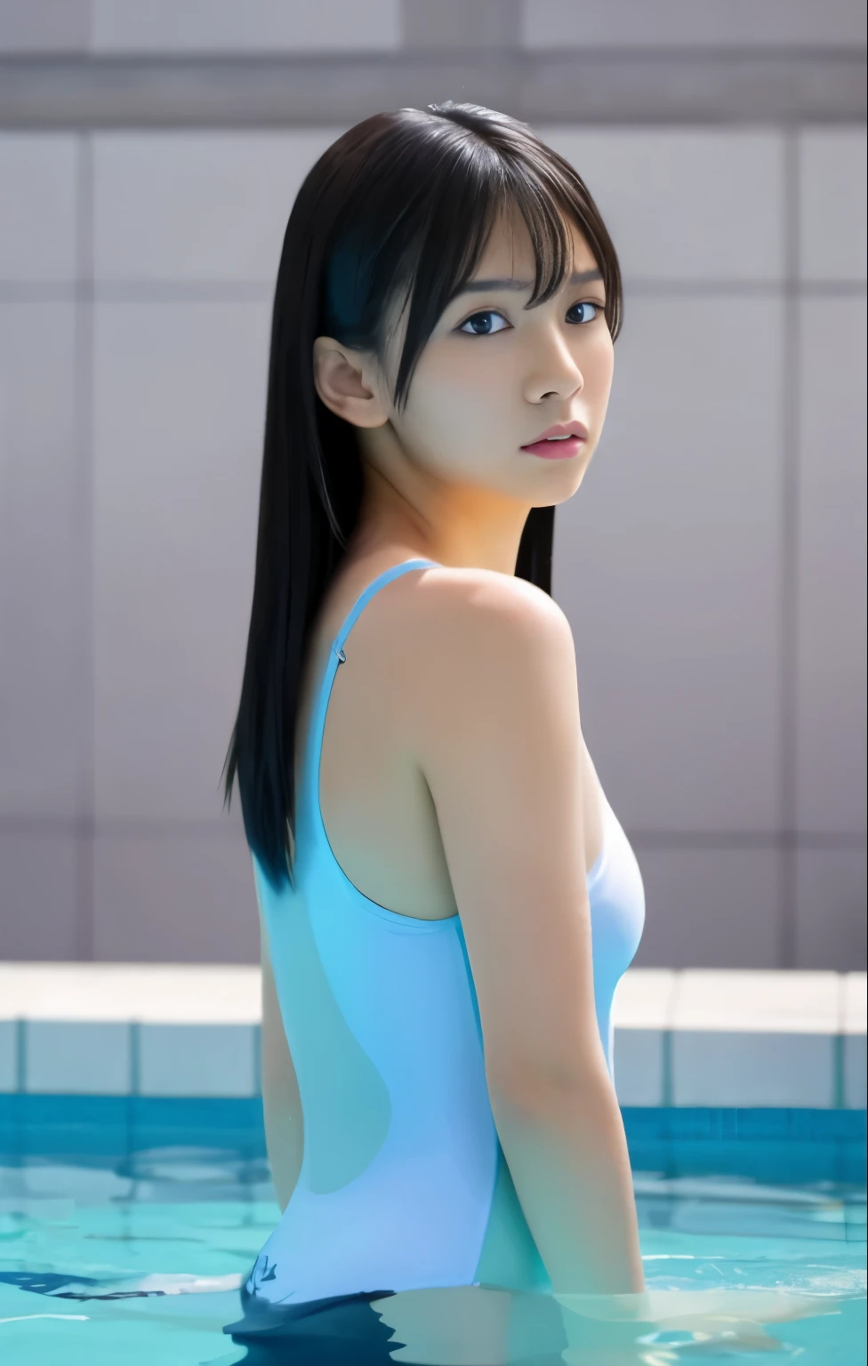 （8k, top quality, Full body Esbian:1.2), (realistic, Photoreal:1.3), top quality, beautiful young woman, pensive expression, thoughtful look, competitive swimmer、swimsuit、tie hair back, cinematic background, bright skin tone、wet skin、bob hair