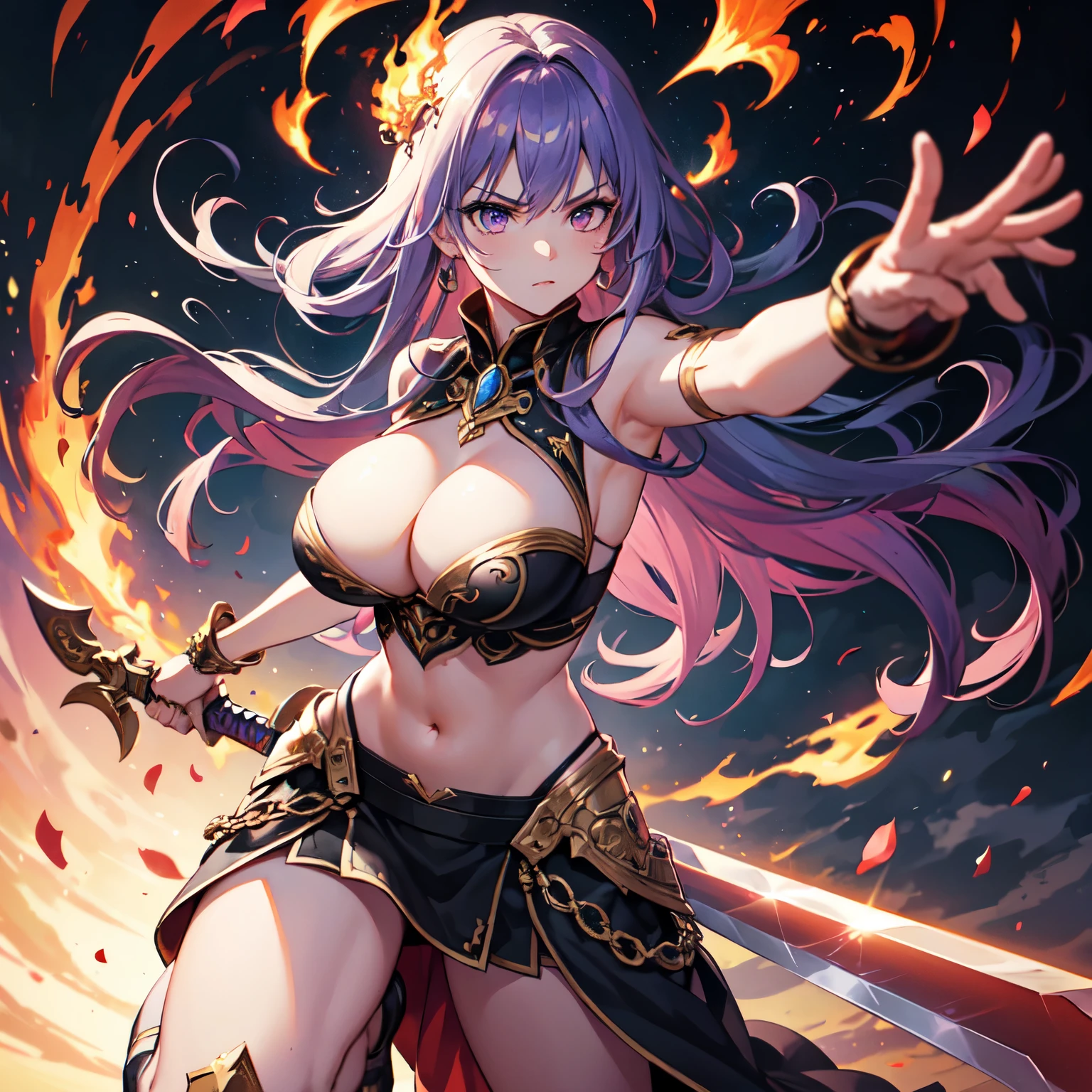 (masterpiece), best quality, expressive eyes, (perfect_face), ultra detailed, 1girl, solo, a goddess holding a huge sword, (purple-hair), sword-of_flame, fighting stance, dynamic angle, attack battle form, holding-giant_sword, gripping , glaring, Close-ups of weapons, huge_sword, ornate sword, full of momentum, sky cracking, thunder-and-lightning, planet exploding((Full-Body_Image)), big tits, exposed belly, (purple eyes), (Long-Hair), (perfect_eyes)