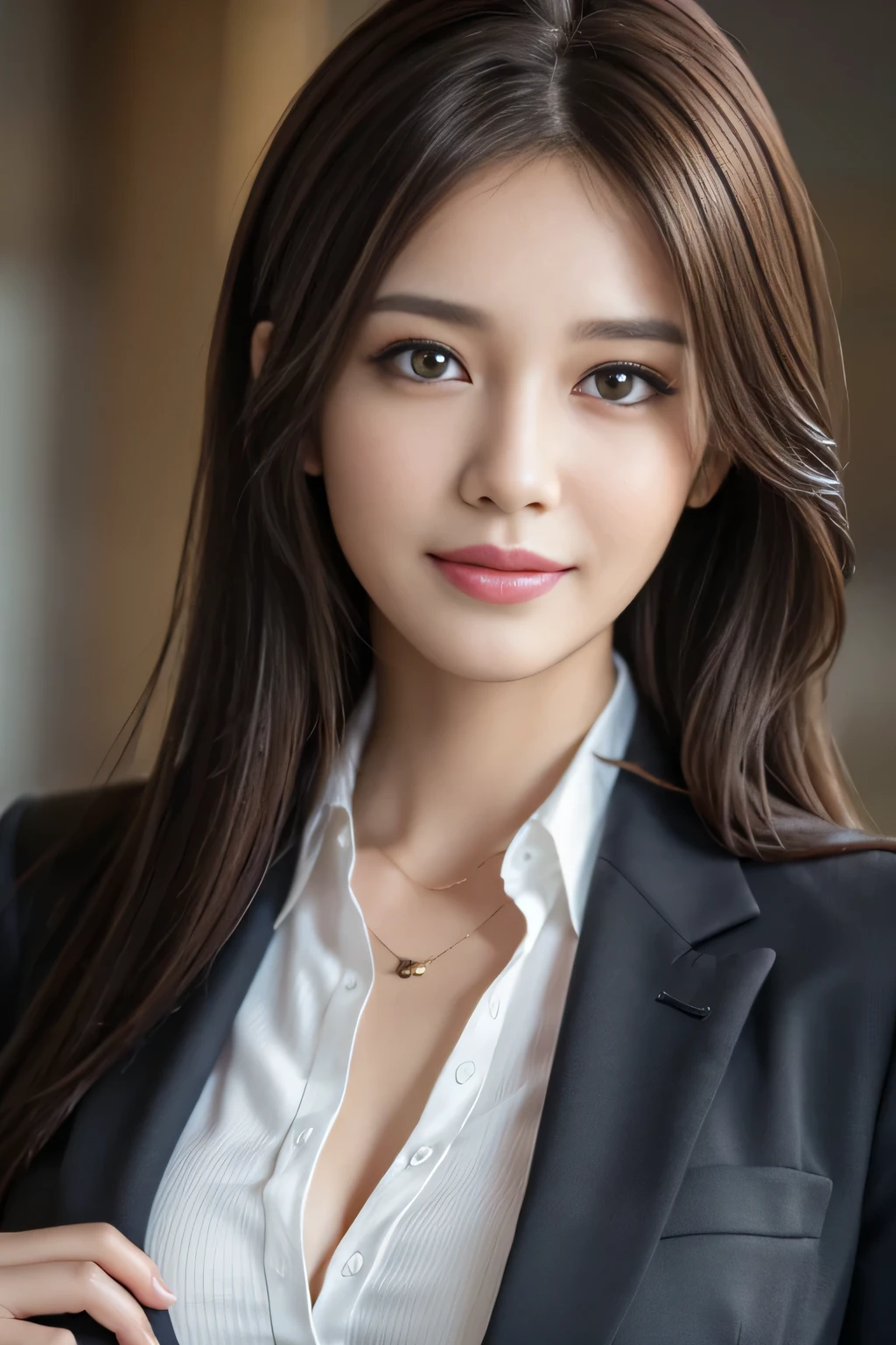 table top, highest quality, realistic, Super detailed, finely, High resolution, 8k wallpaper, 1 beautiful woman,, light brown messy hair, wearing a business suit, sharp focus, perfect dynamic composition, beautiful and detailed eyes, thin hair, Detailed realistic skin texture, smile, close-up portrait, model body shape