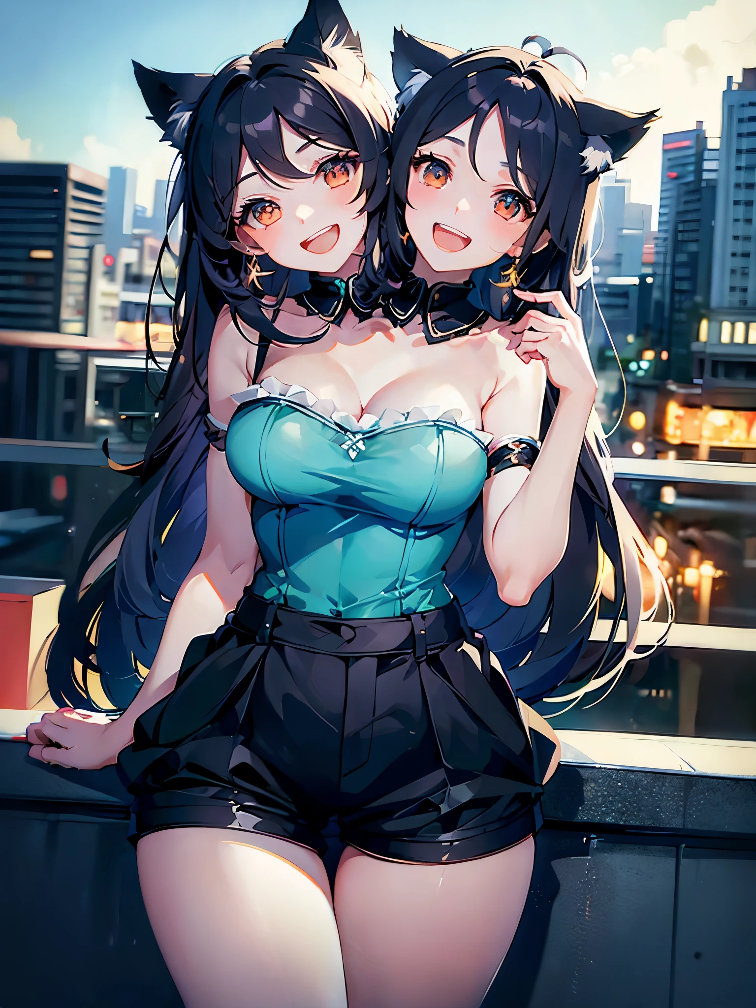 1girl of (2heads:1.3), a woman with (two heads:1.3), masterpiece, best quality, cat ears, shorts, city background, smile, open mouth