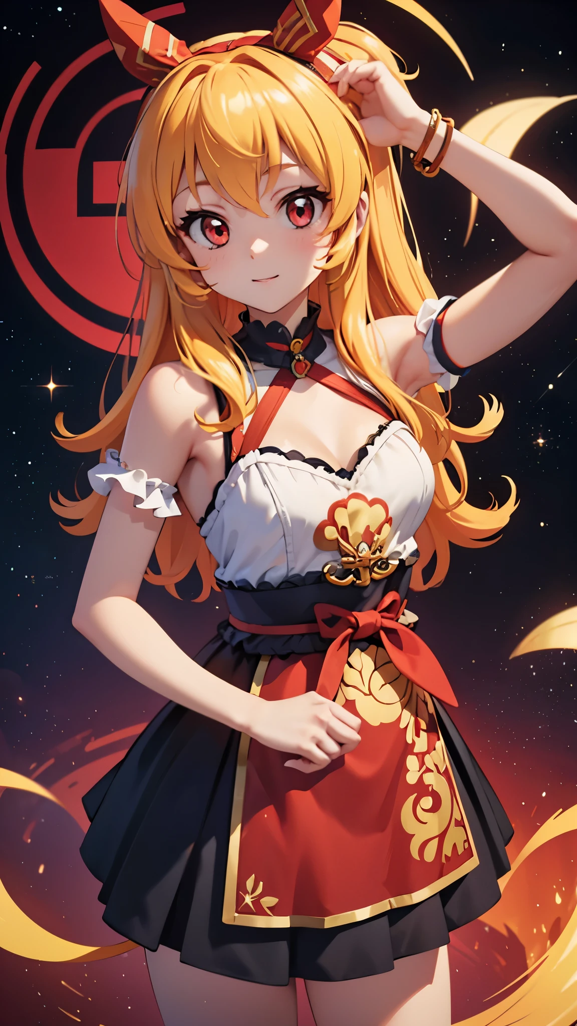 best quality, ultra detailed 8k cg render, masterpiece, high resolution, extremely detailed,
voluptuous beauty SAMURAI girl,upper_body,
Small breasts,
, blonde hair, RED eyes,
gold White mix color SAMURAI armor,
RED hair bund,
universe,outer space,
Venus planet,
bubble image,
persona face,Ichigo Hoshimiya (Aikatsu!)