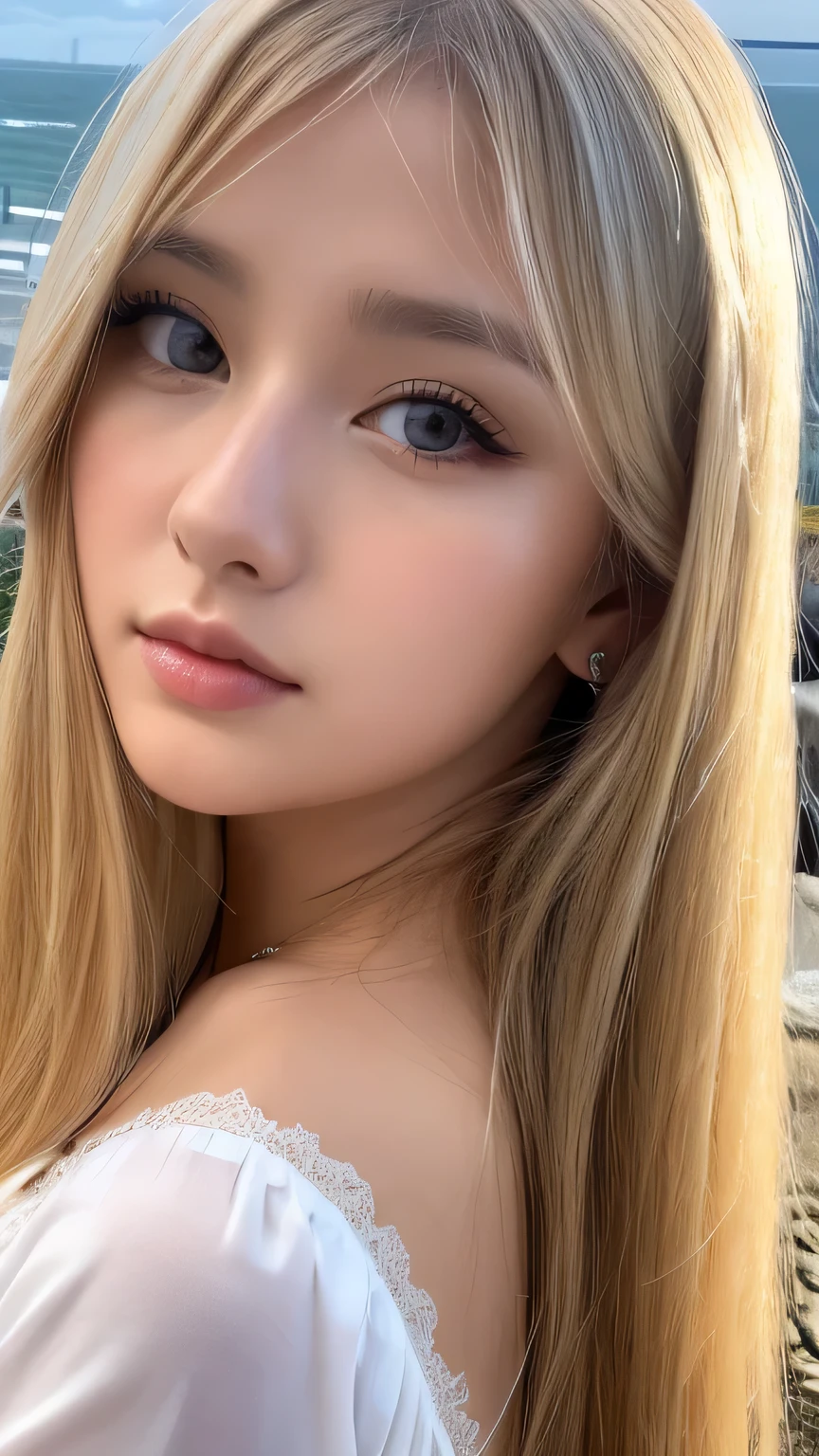 ((close up of face)), 1 girl, alone, looking at the viewer, blonde long hair, Wearing a white corset, white stockings、big ass, brown eyes, Upper body, coastal rocks background, big , lips, realistic, königreuther､masterpiece, 最high quality, high quality, High resolution, (((close up of face)))