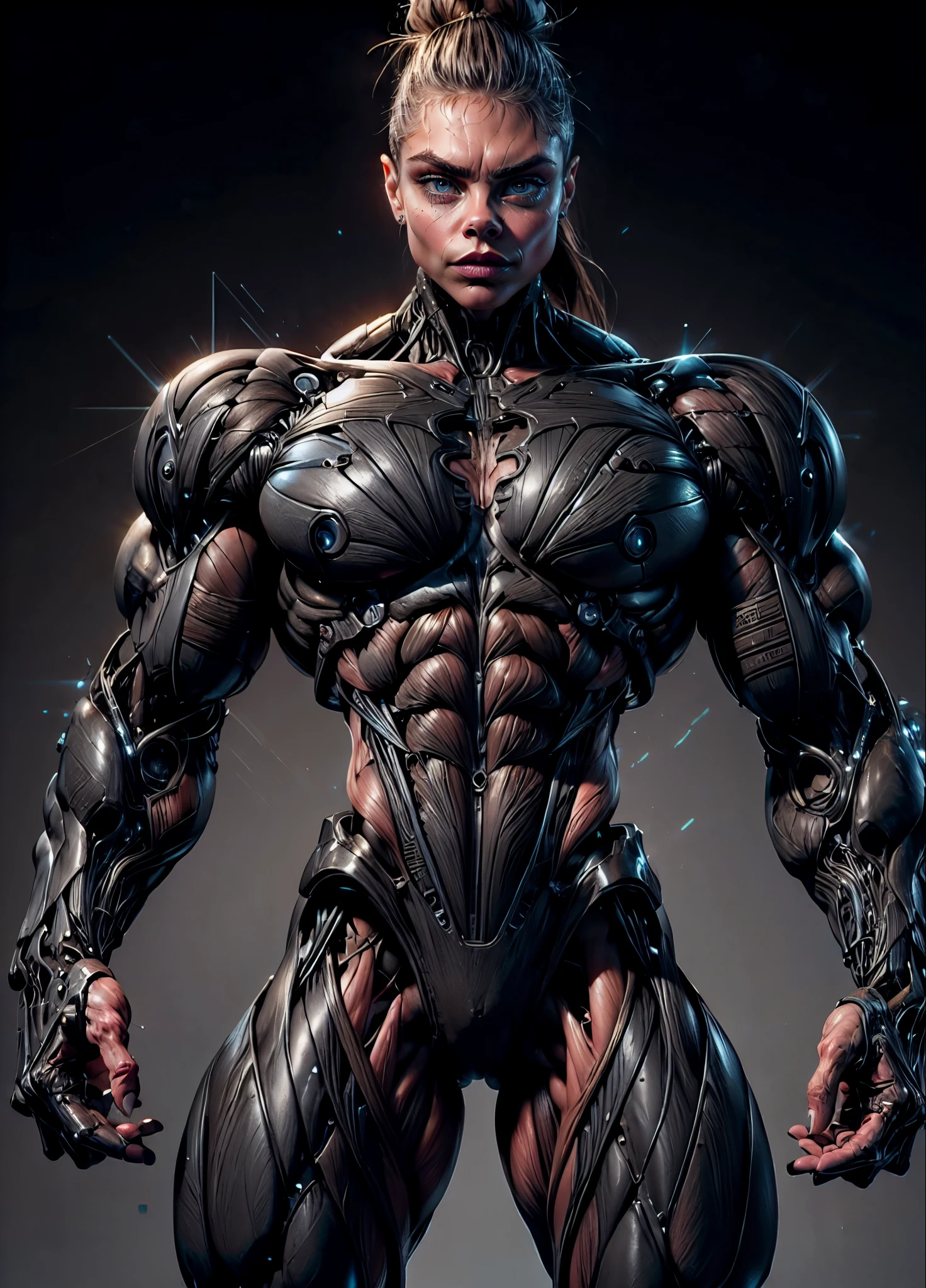 (1 girl), (cara delevingne), (muscular android girl wearing a black anatomic cybernetic muscle suit:1.25), (wide shoulders:1.25), (muscular defined physique:1.25), perfect hands, long hair, large breasts, high resolution image, extreme detail, blank background