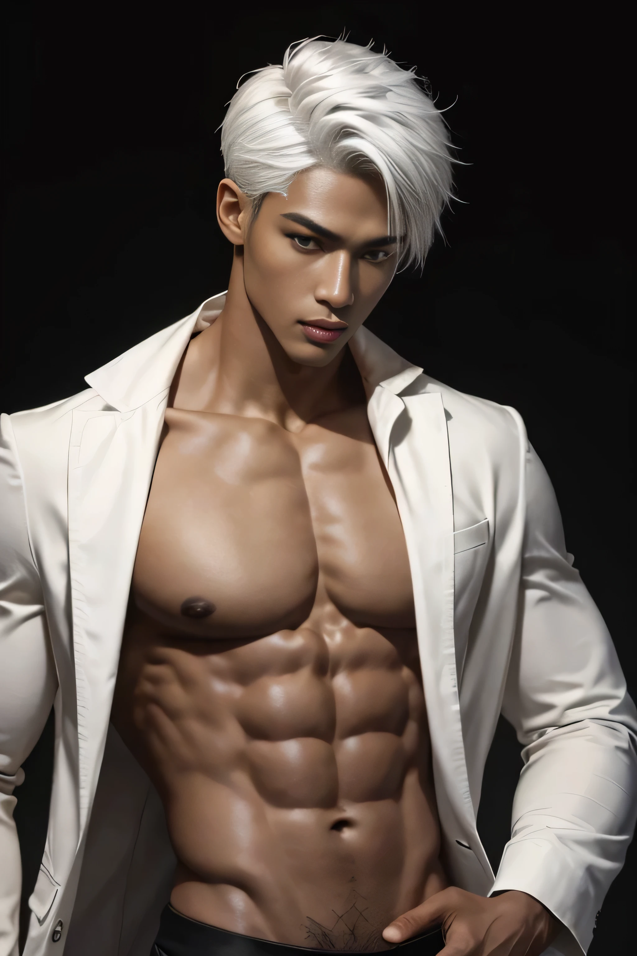 masterpiece, best quality, handsome 26 year old, light ebony skin male, white hair, perfect face, chest abs, slender, masculine,