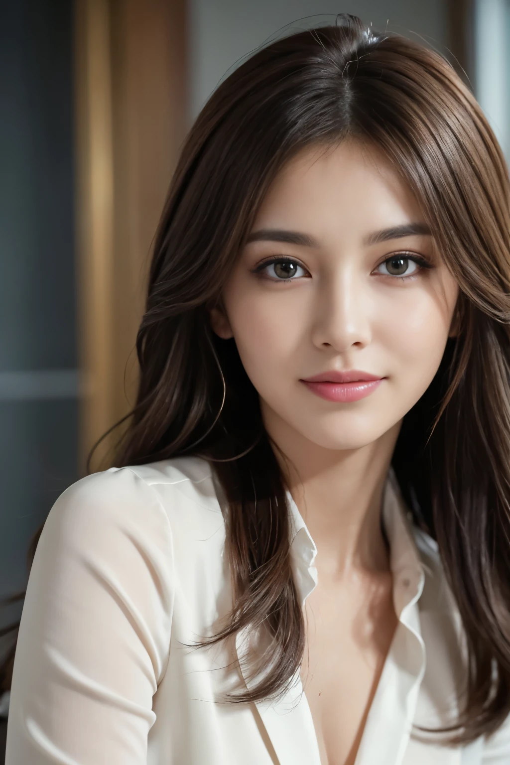 table top, highest quality, realistic, Super detailed, finely, High resolution, 8k wallpaper, 1 beautiful woman,, light brown messy hair, wearing a business suit, sharp focus, perfect dynamic composition, beautiful and detailed eyes, thin hair, Detailed realistic skin texture, smile, close-up portrait, model body shape