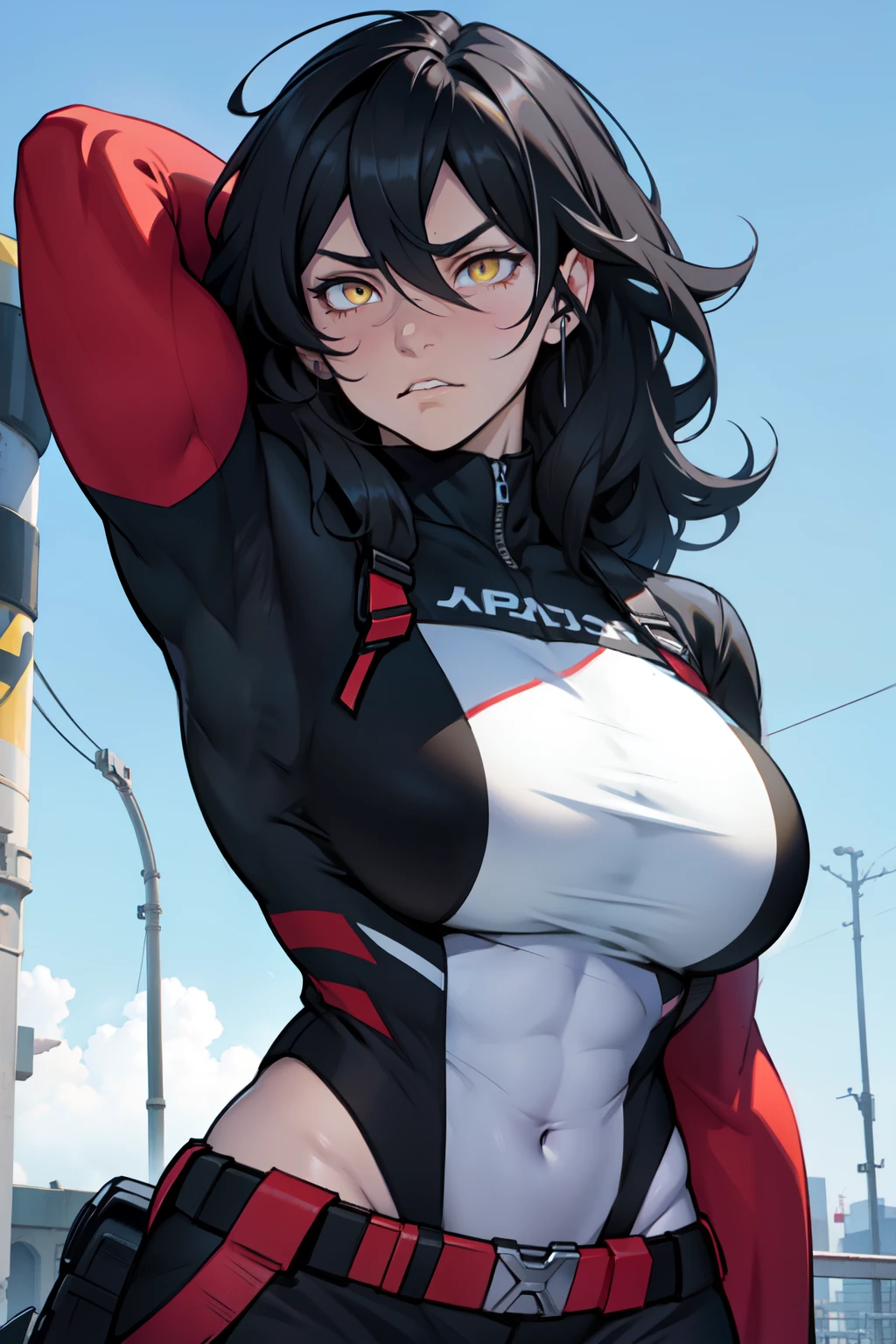 athletic build massive breasts pale skin black hair yellow eyes angry long hair