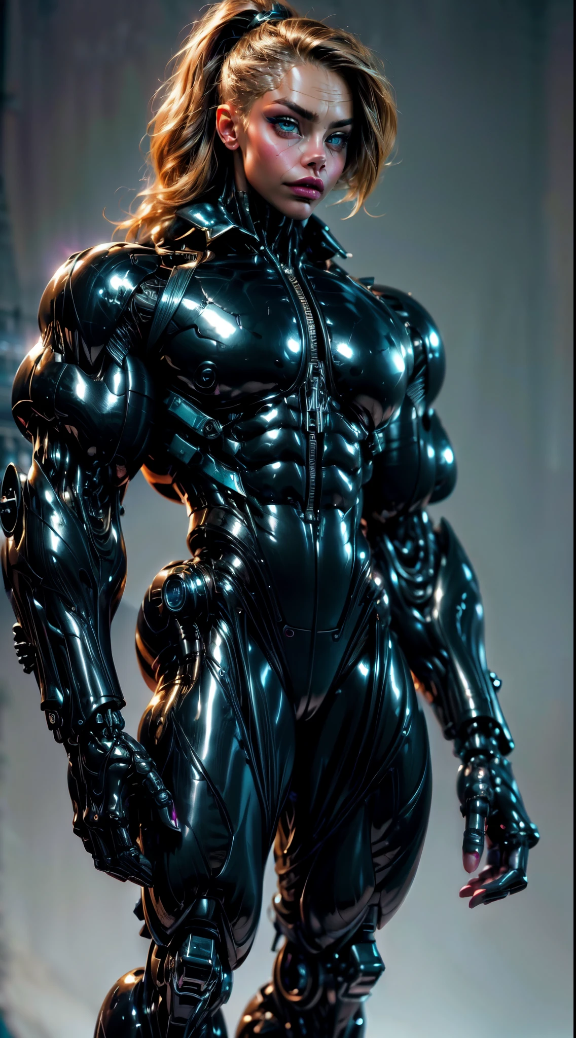 (1 girl), (cara delevingne), (muscular android girl wearing a black anatomic cybernetic muscle suit:1.25), (wide shoulders:1.25), (muscular defined physique:1.25), perfect hands, long hair, large breasts, high resolution image, extreme detail, blank background