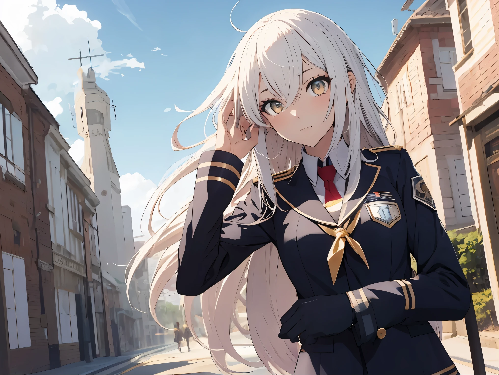 1 garota, olhos amarelos, romance de estilo, dash isekai anime, Cabelo longo prateado, Faixa diamantada, Uniforme escolar, vividas collors, romance de estilo