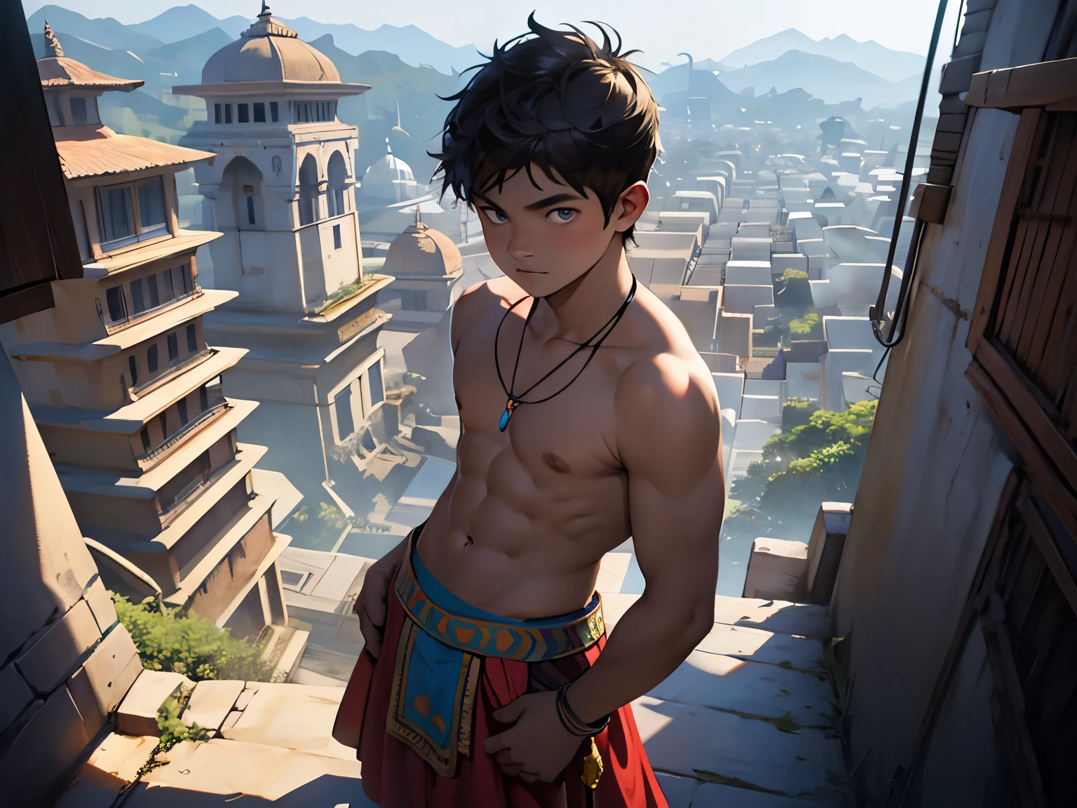 There is a 15-year-old boy dressed in Indian tribal costumes, shirtless, sadly observing a modern city from above., esta perdido asustado  , biste ropas tribales indias , su piel es de color blanca ojos azules