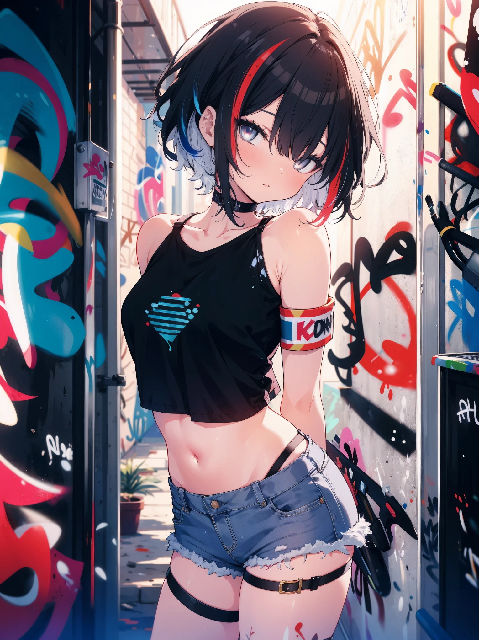 (cowboy shot), (best quality, ultra-high resolution, depth of field:1.2), adult, 1woman, solo, toned, streaked hair, short hair, bangs, crop top, denim shorts, choker, (graffiti:1.4), paint splatter, arms behind back, (slouching), (leaning back:0.5), against wall, (leaning to the side:0.5), looking at viewer, armband, thigh strap, streaked hair, paint on body, upturned eyes, head down, head tilt, (from side:1), bored